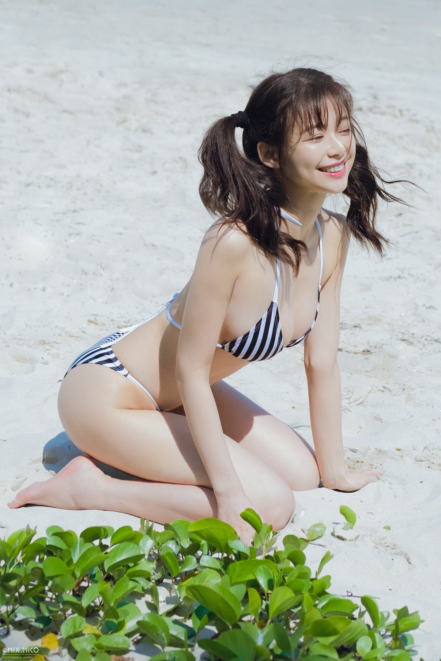 People 1440x2160 AixiLove women Asian brunette twintails smiling bikini stripes sand plants