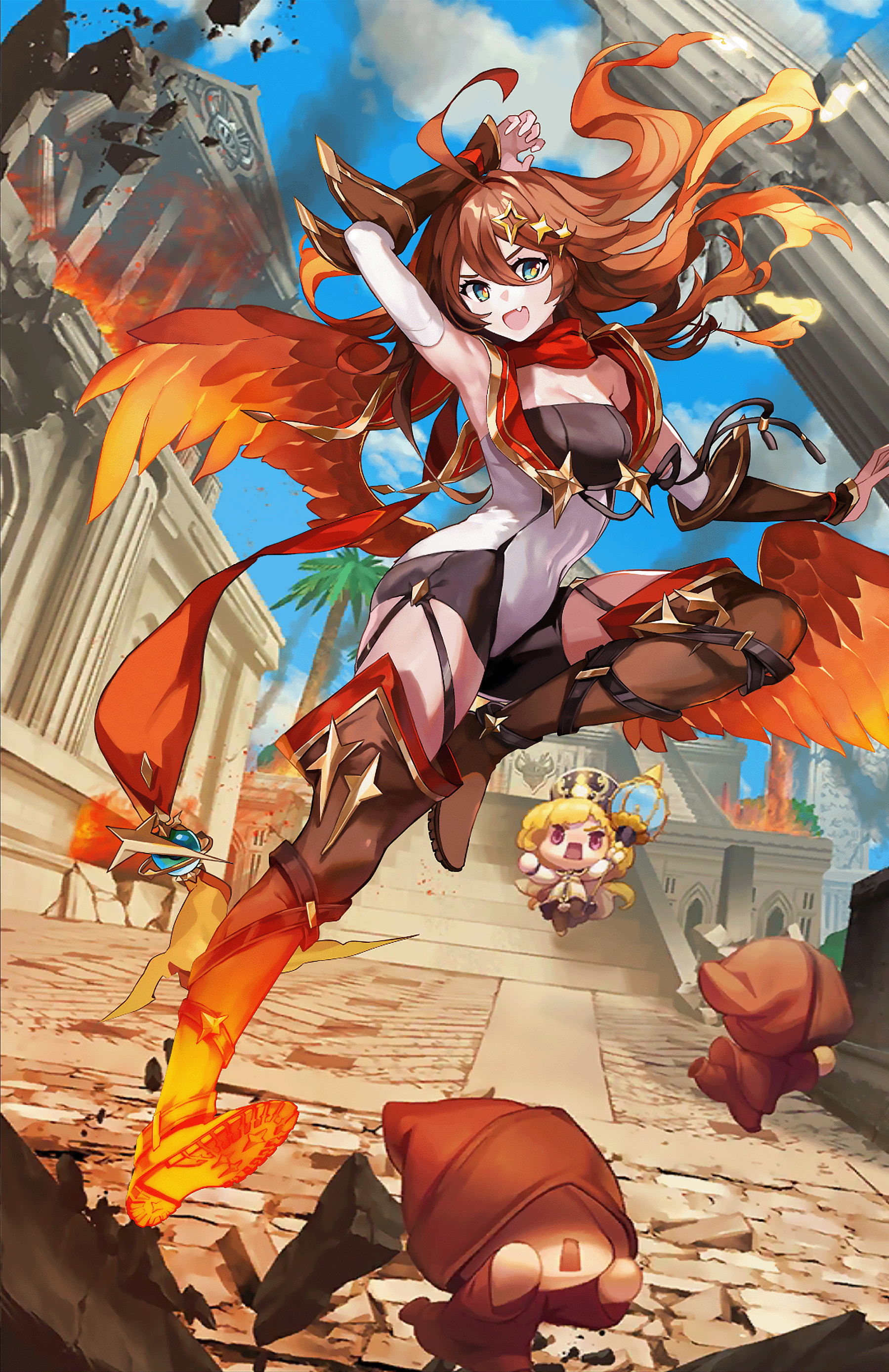 Anime 1799x2778 Guardian Tales Scintilla (Guardian Tales) Fire girl flame wings brunette green eyes