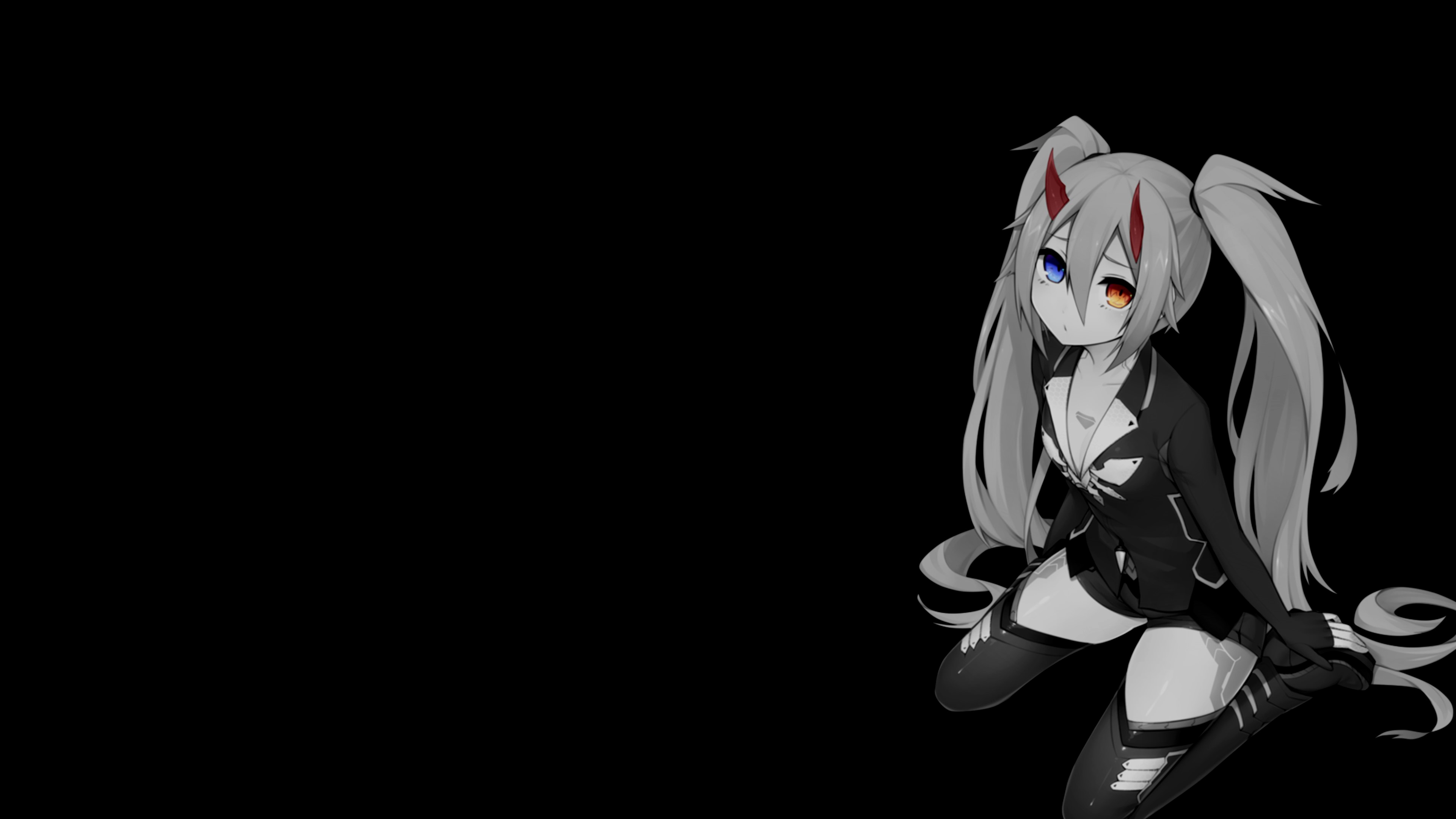 Anime 3840x2160 selective coloring black background dark background simple background anime girls heterochromia horns
