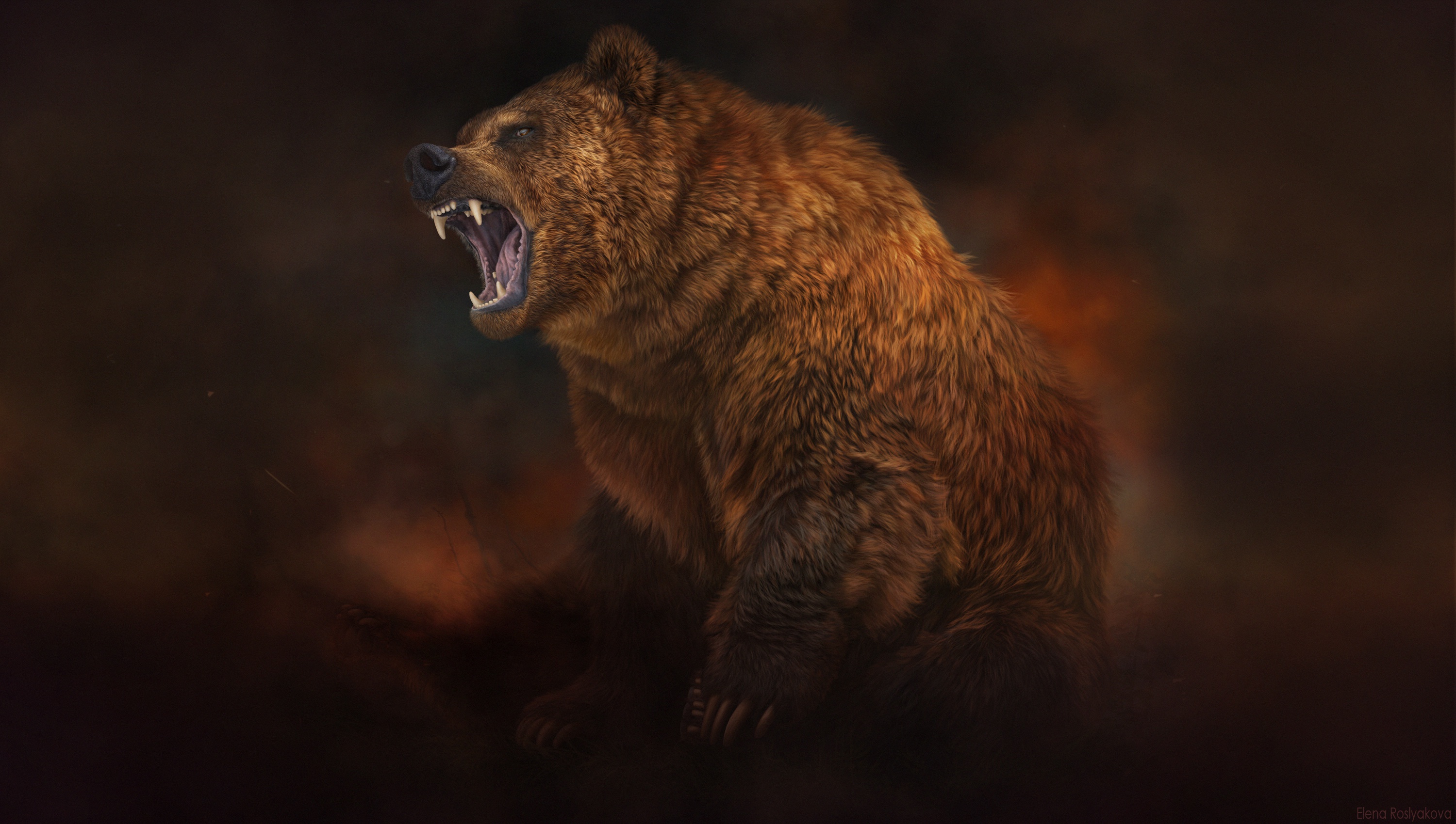 General 3000x1700 artwork fantasy art bears animals Elena Roslyakova dark background