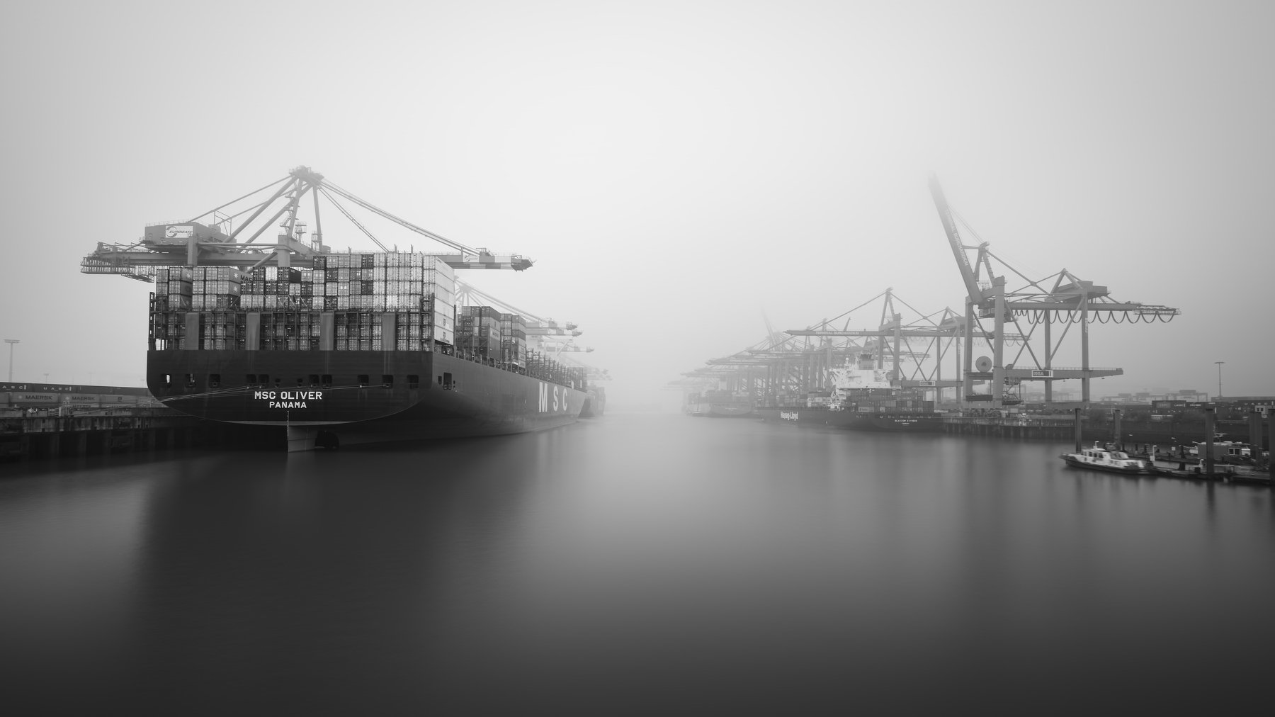 General 1800x1012 photography monochrome mist Alexander Schönberg harbor cranes (machine) ship containers container ship ports Hamburg Germany water