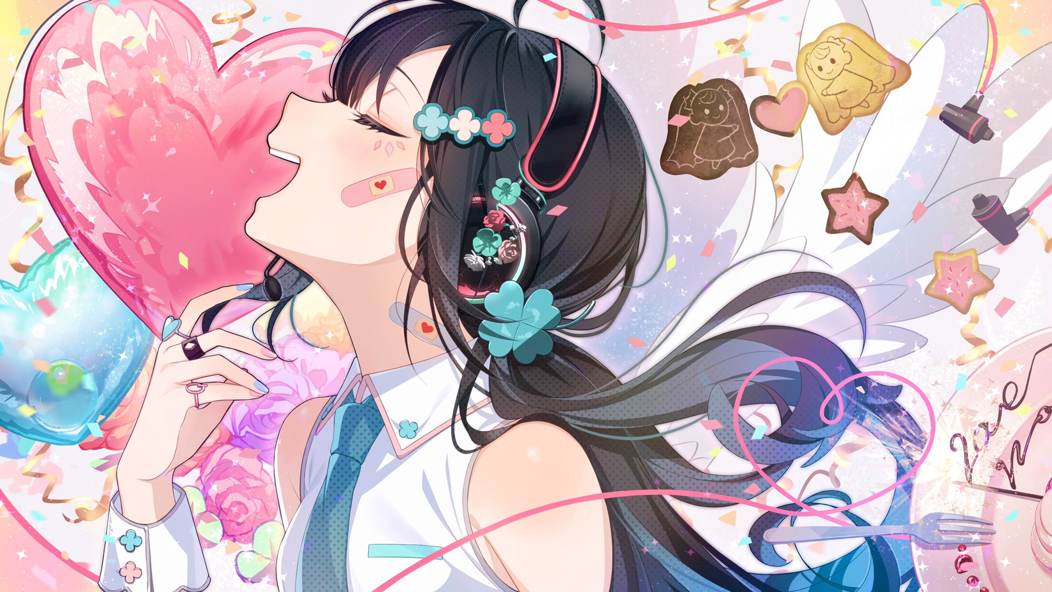 Anime 2048x1152 anime anime girls closed eyes bandages heart colorful