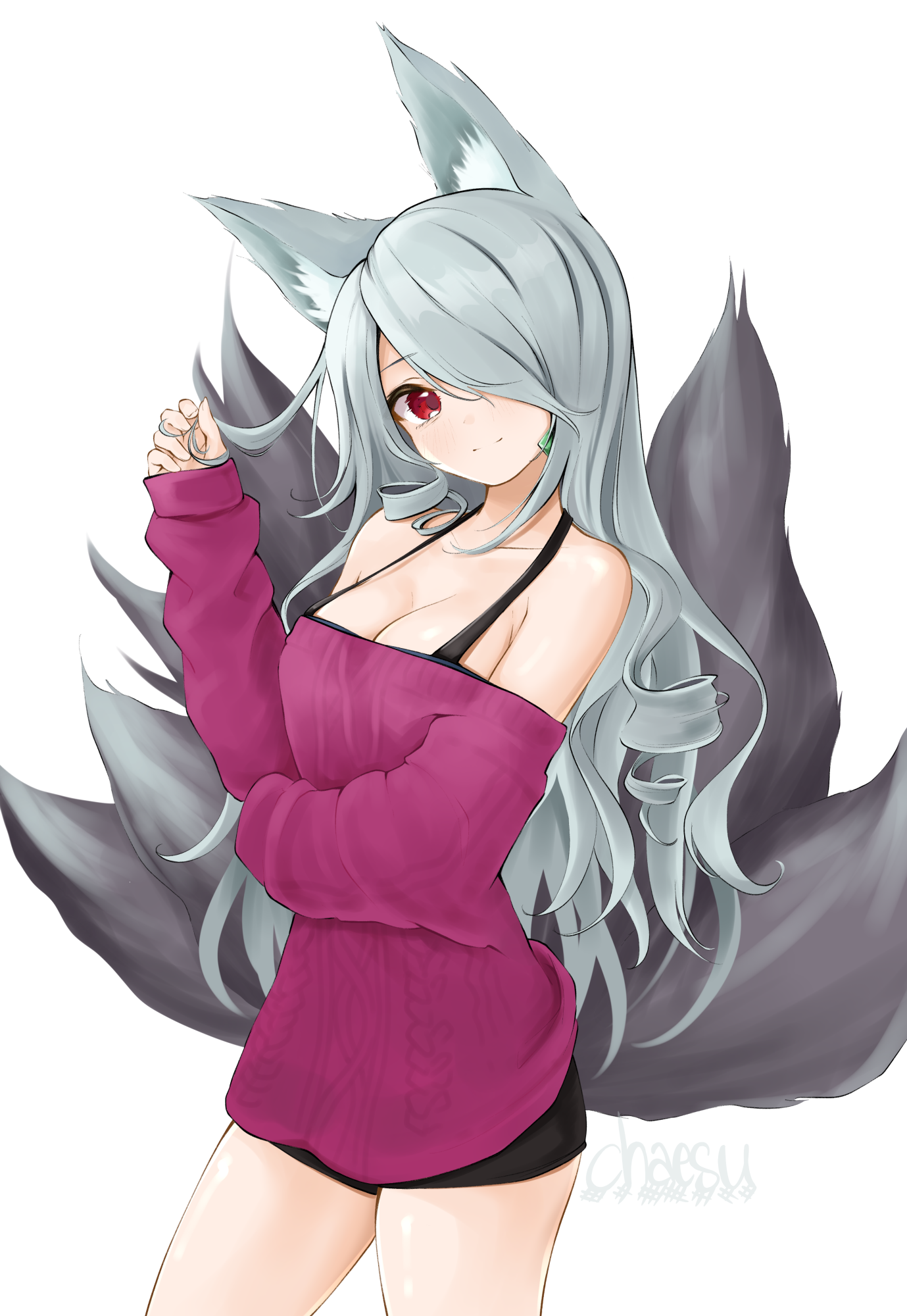 Anime 1379x2000 portrait display anime anime girls digital art white background petite simple background 2D fox girl fox ears portrait fox tail artwork closed mouth looking at viewer long hair cleavage collarbone hair over one eye smiling sweater signature Chaesu red eyes earring