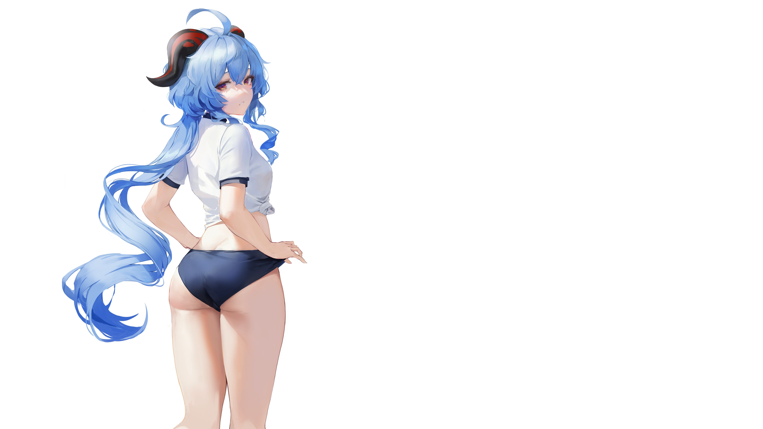 Anime 2560x1440 anime anime girls simple background Genshin Impact Ganyu (Genshin Impact) horns goat girl ass thighs pants gym clothes ecchi Hiki Niito rear view white background fantasy girl looking over shoulder standing