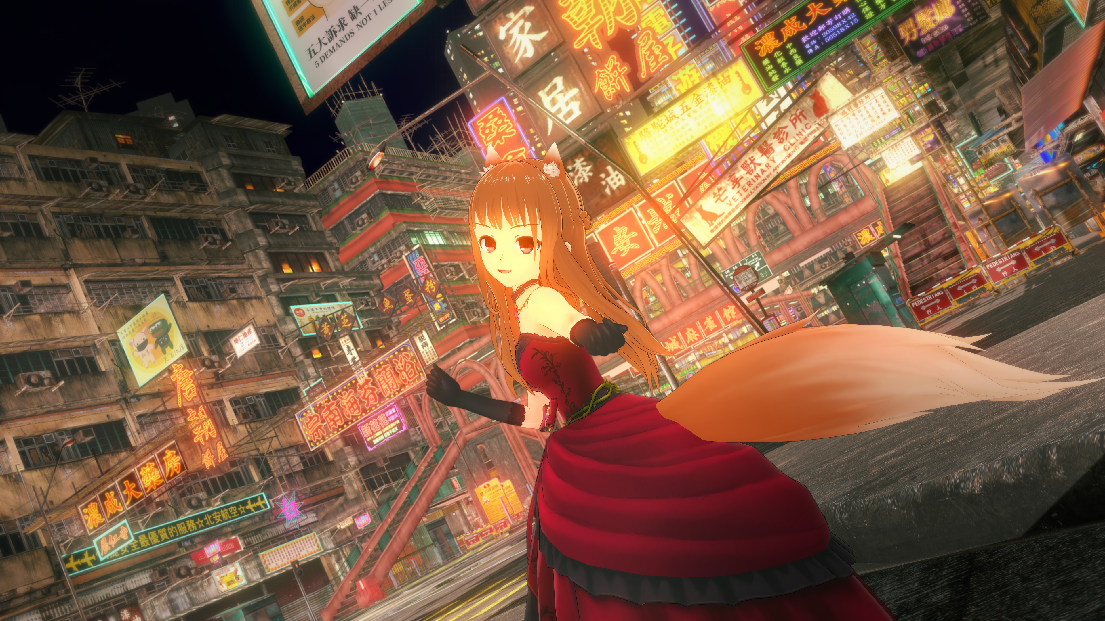 Anime 3840x2160 Spice and Wolf Holo (Spice and Wolf) city lights dress red eyes tail