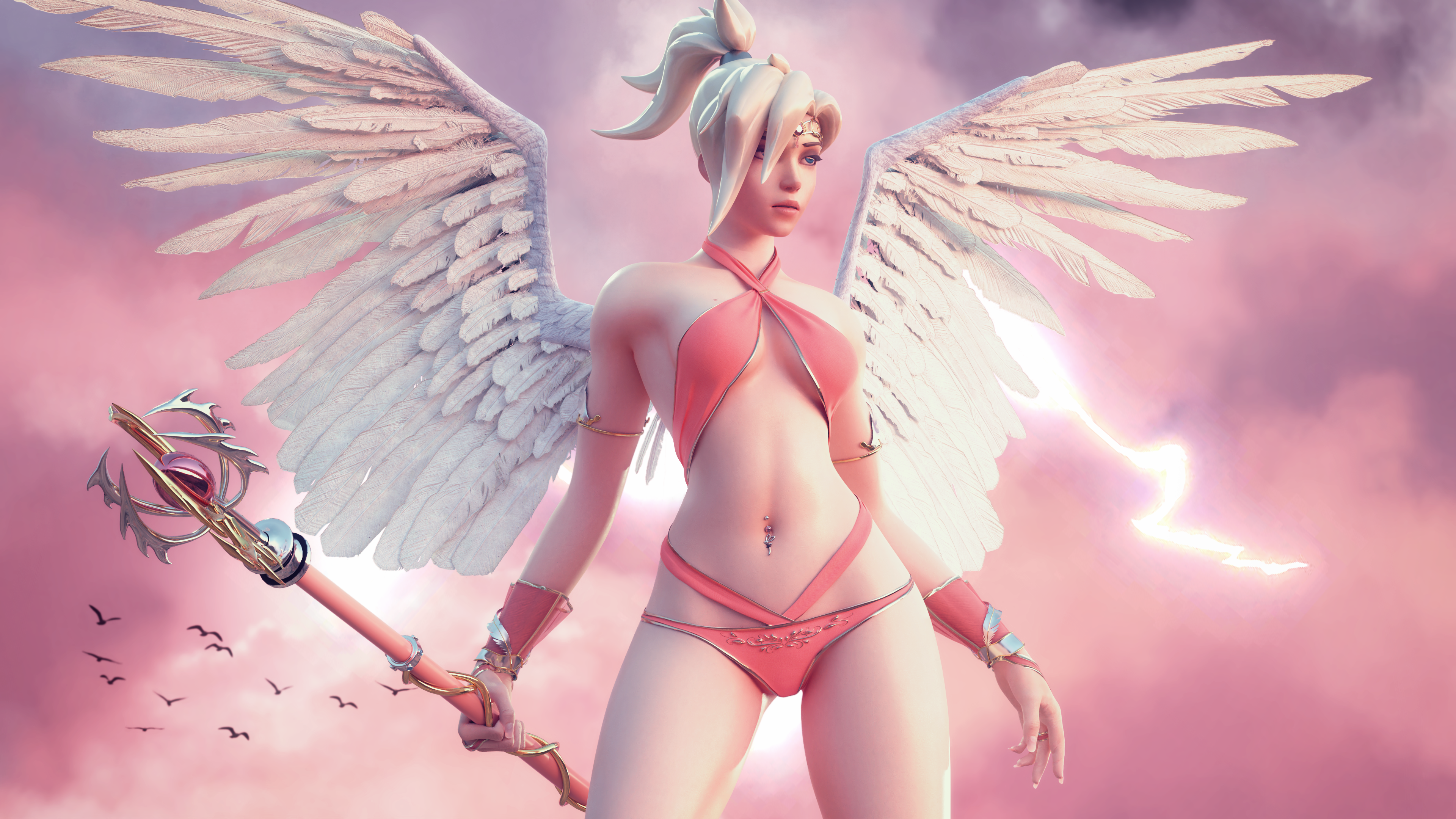 General 3840x2160 Mercy (Overwatch) angel digital art video games video game characters CGI video game girls wings Overwatch thunderbolt feathers ponytail blonde pierced navel fictional character belly fantasy girl lightning parted lips blue eyes birds tiaras artwork thick thigh fan art HydraFXX looking away