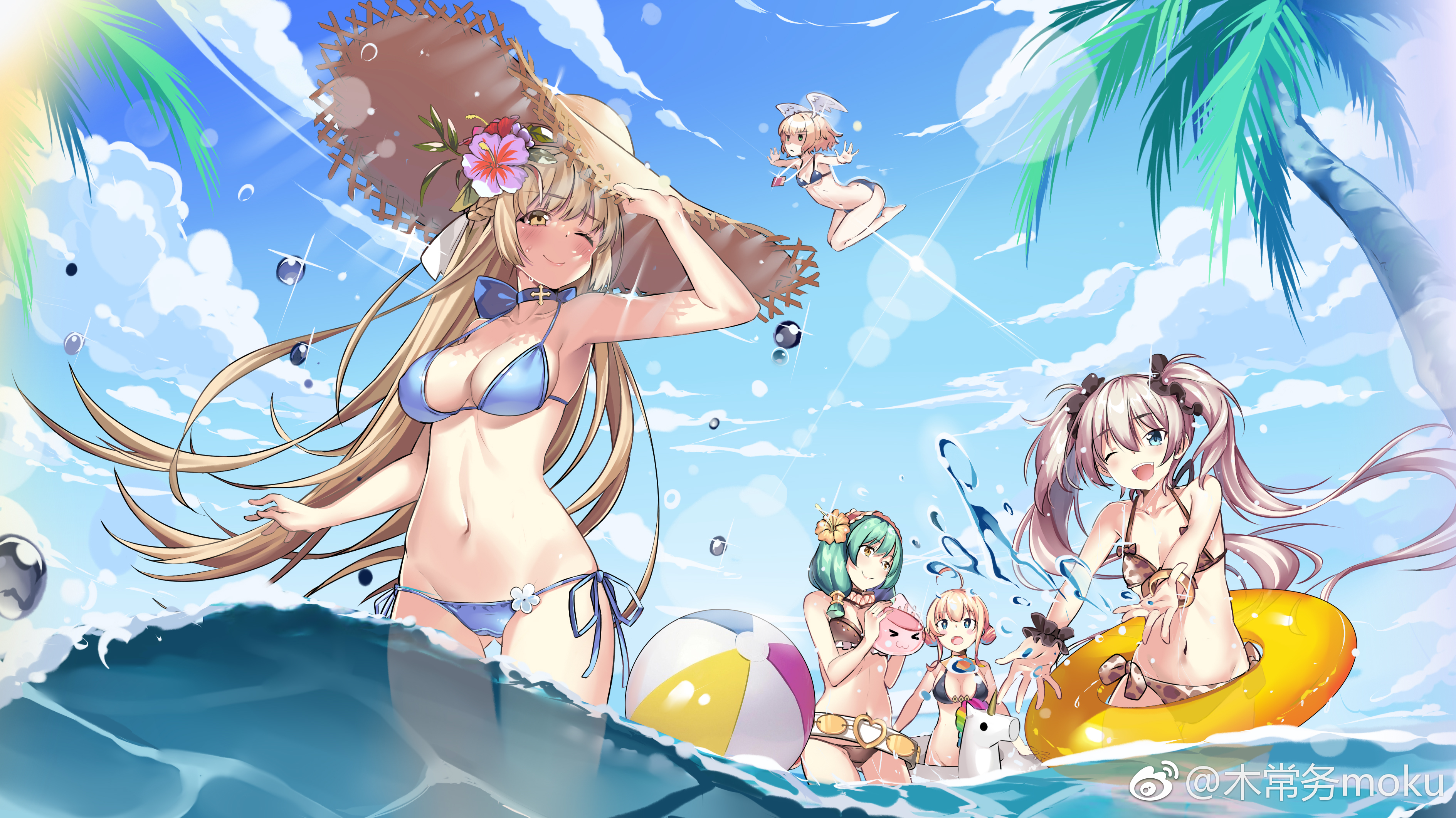Anime 3778x2124 anime girls Kikimi bikini beach smiling long hair women outdoors women on beach standing in water group of women palm trees straw hat floater water drops water beach ball boobs low-angle waves looking below one eye closed clouds