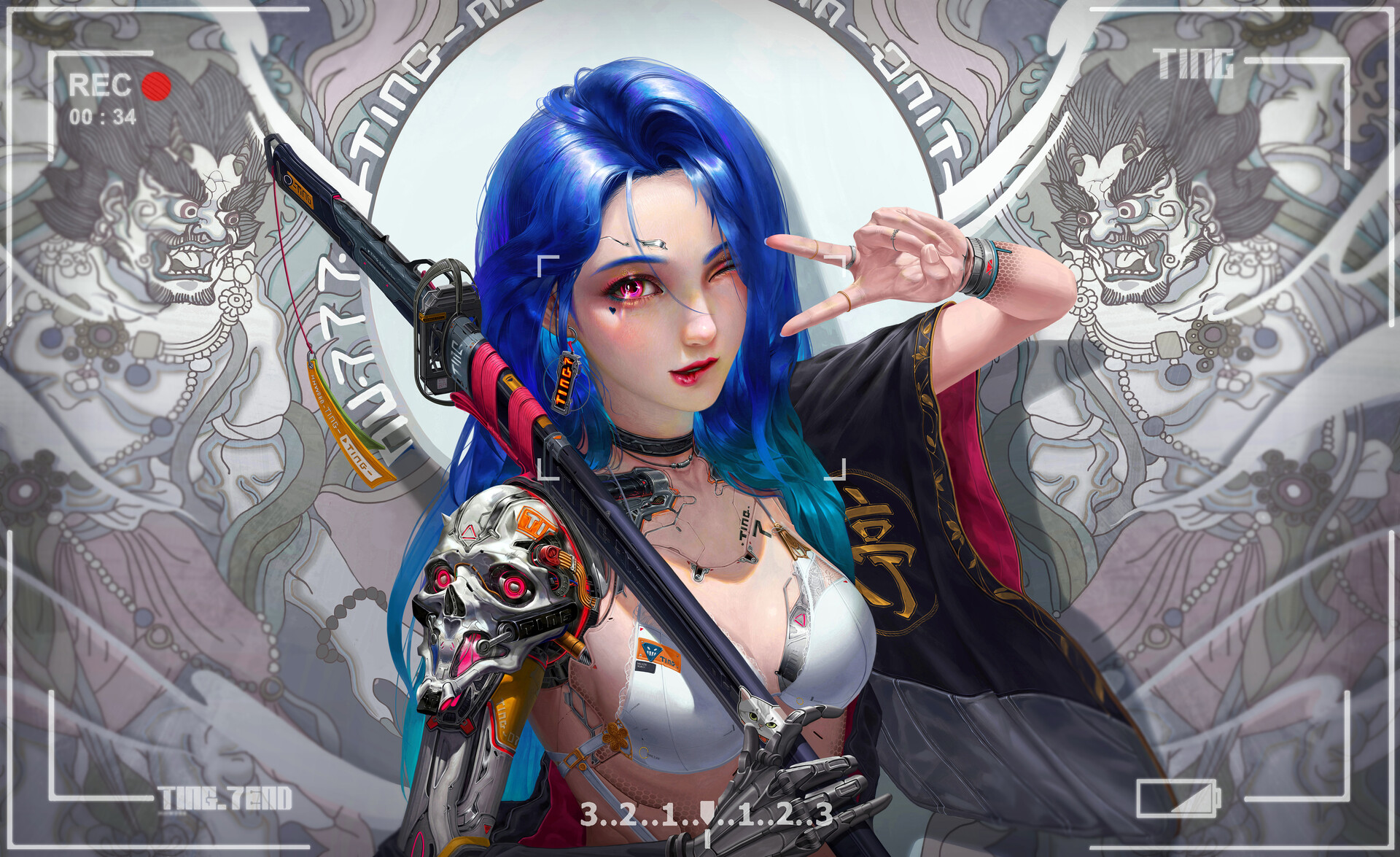 General 1920x1175 artwork women blue hair sword cyborg Zhongguo Duliu