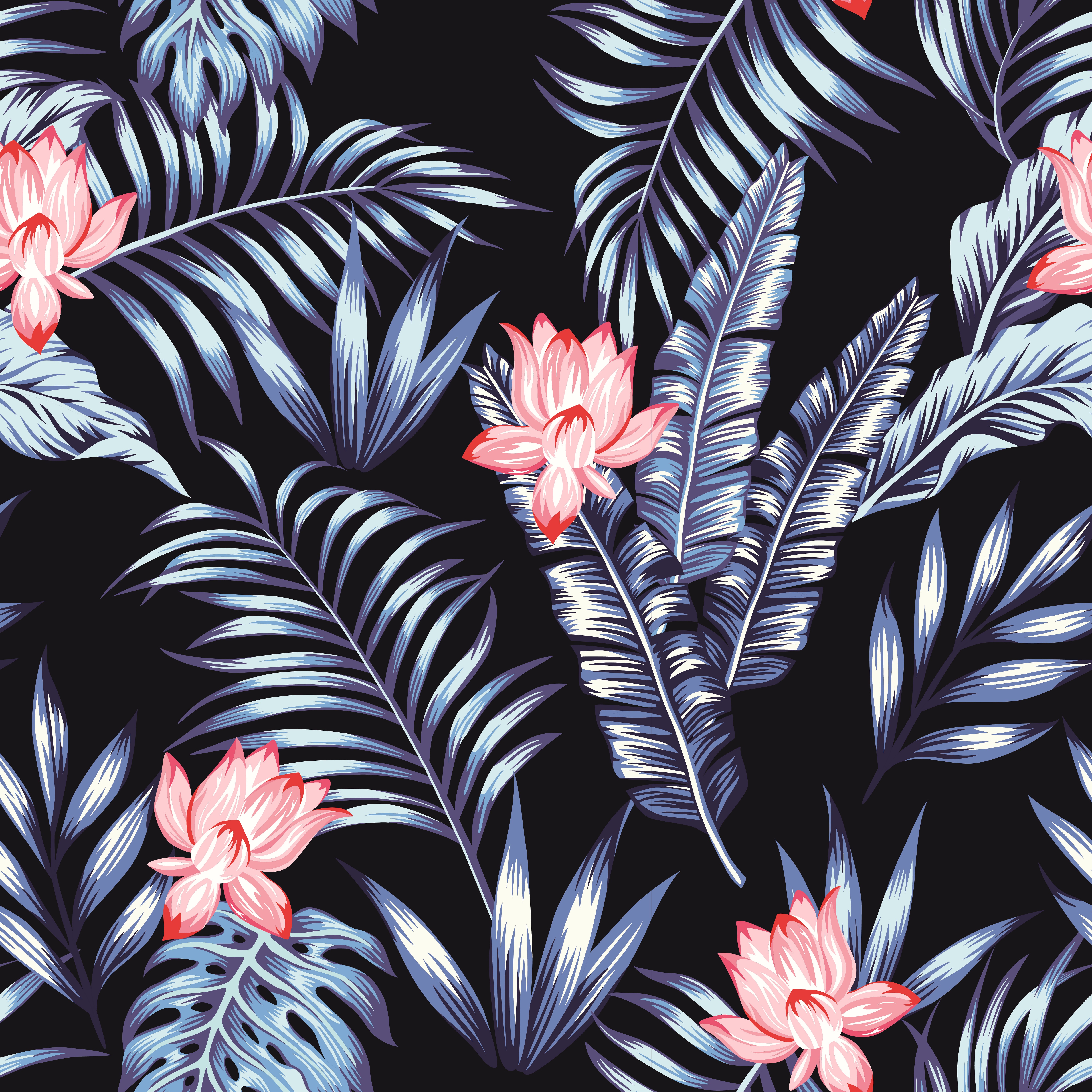 General 6000x6000 flowers vector night jungle leaves pattern digital art floral