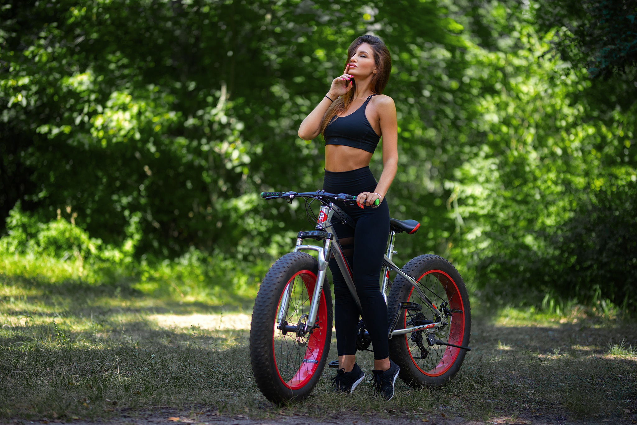 People 2048x1365 women model women outdoors bicycle women with bicycles standing vehicle