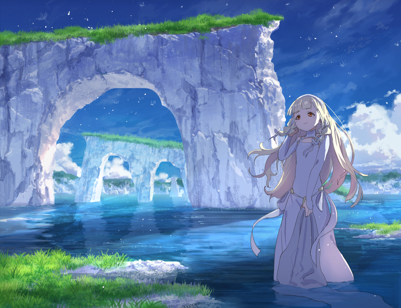 Anime 1302x1000 Maquia: When the Promised Flower Blooms anime girls rocks standing in water anime dress long hair women outdoors outdoors Maquia