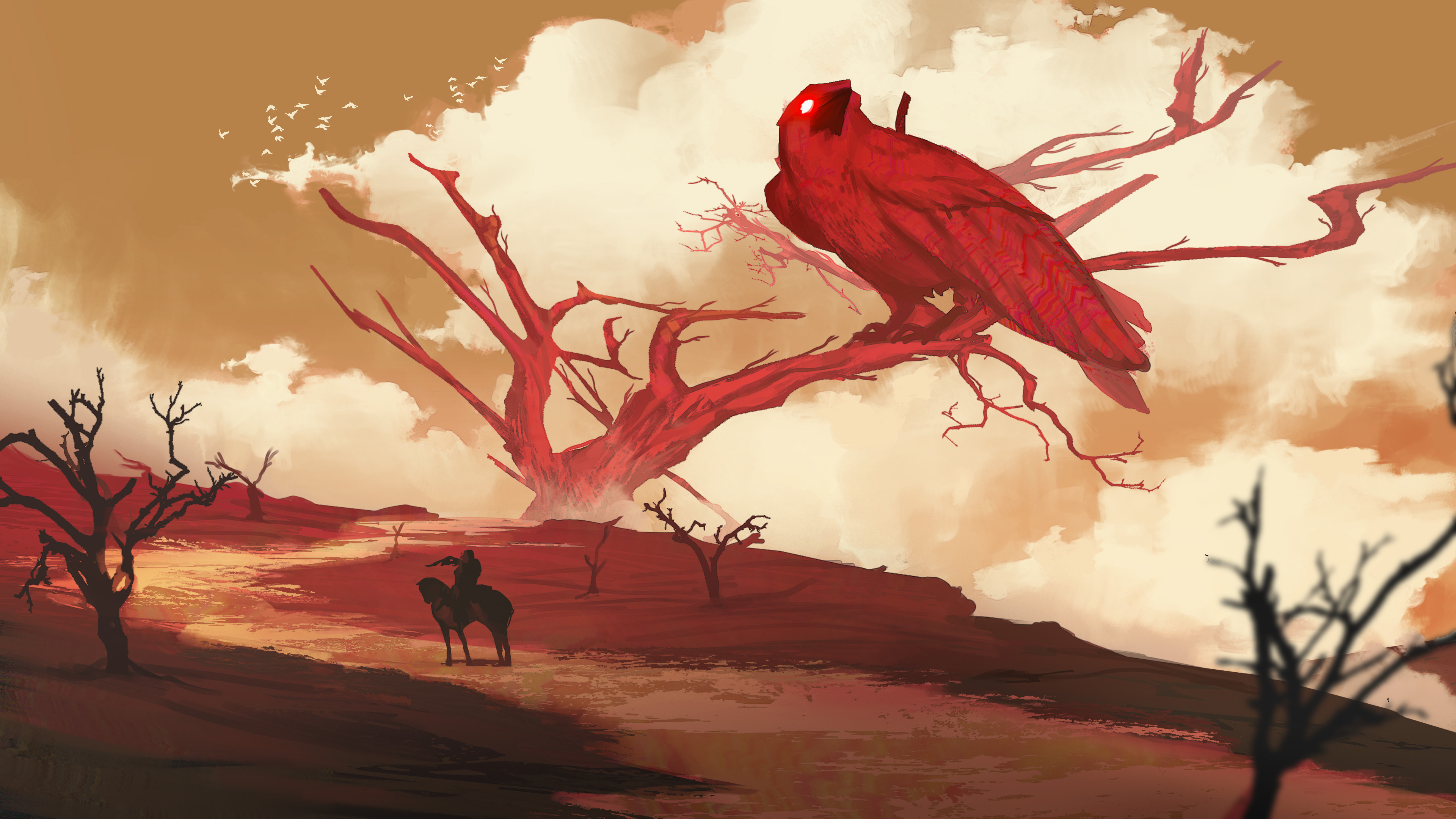 General 3840x2160 digital art Egor Poskryakov fantasy art desert horse birds crow red clouds trees dead trees