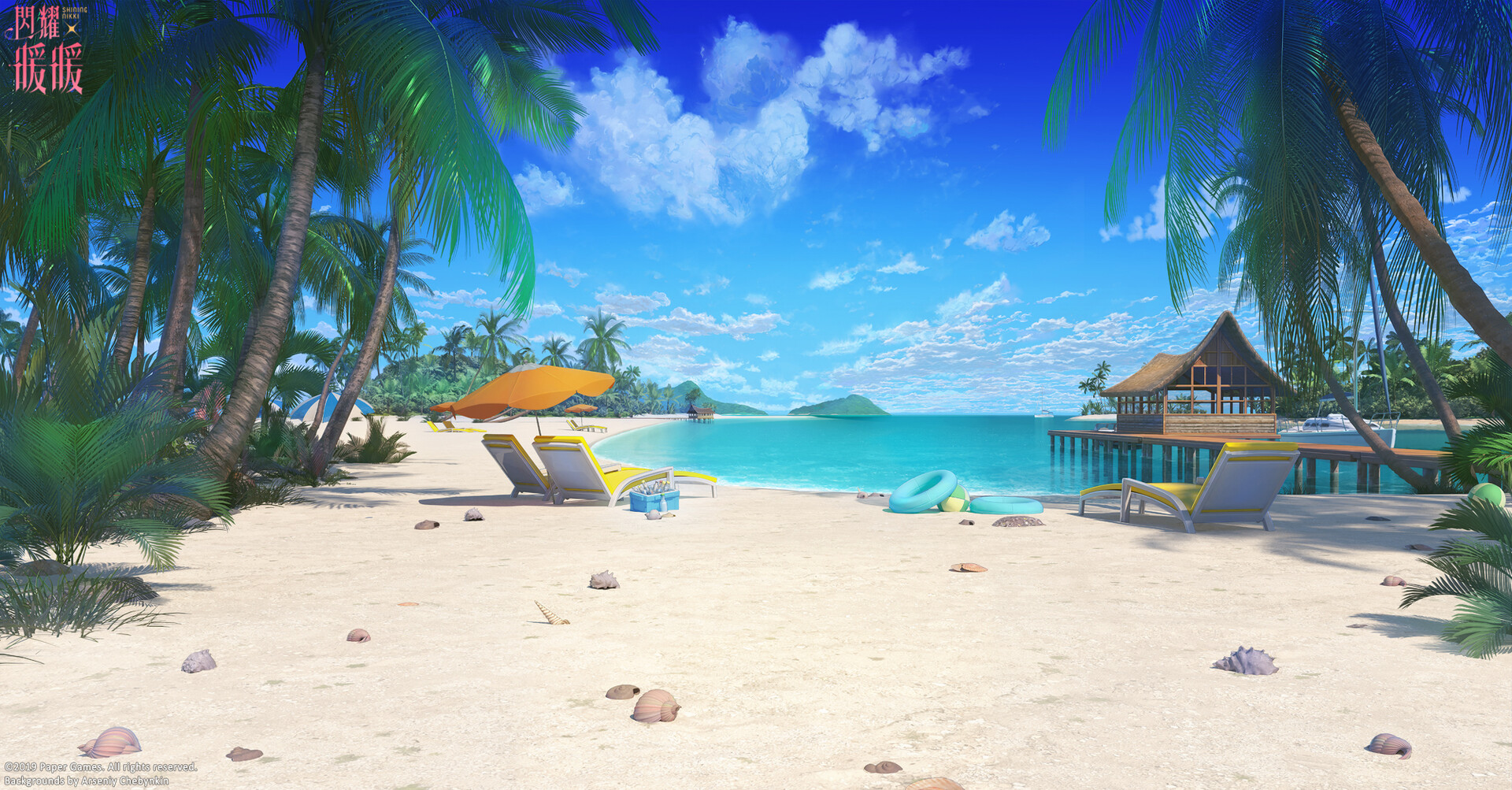 Anime 1920x1003 ArseniXC digital art landscape beach outdoors tropical palm trees clouds ArtStation 2019 (year) beach ball inflatable rings parasol sunbathing seashells sea