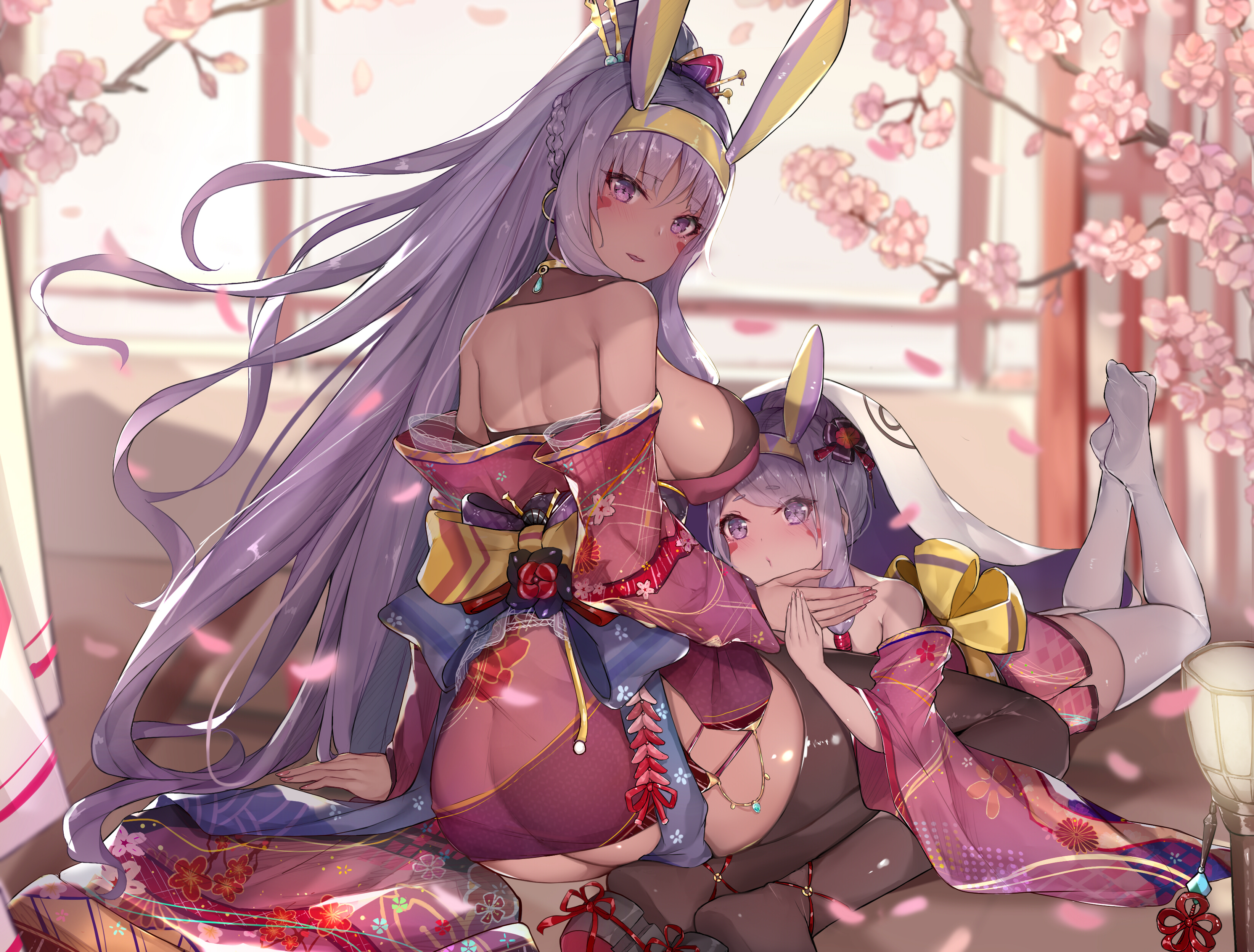 Anime 3288x2497 sherryQQ Fate/Grand Order Nitocris (Fate/Grand Order) anime anime girls long hair purple hair ass legs sideboob cherry blossom loli Japanese clothes Fate series