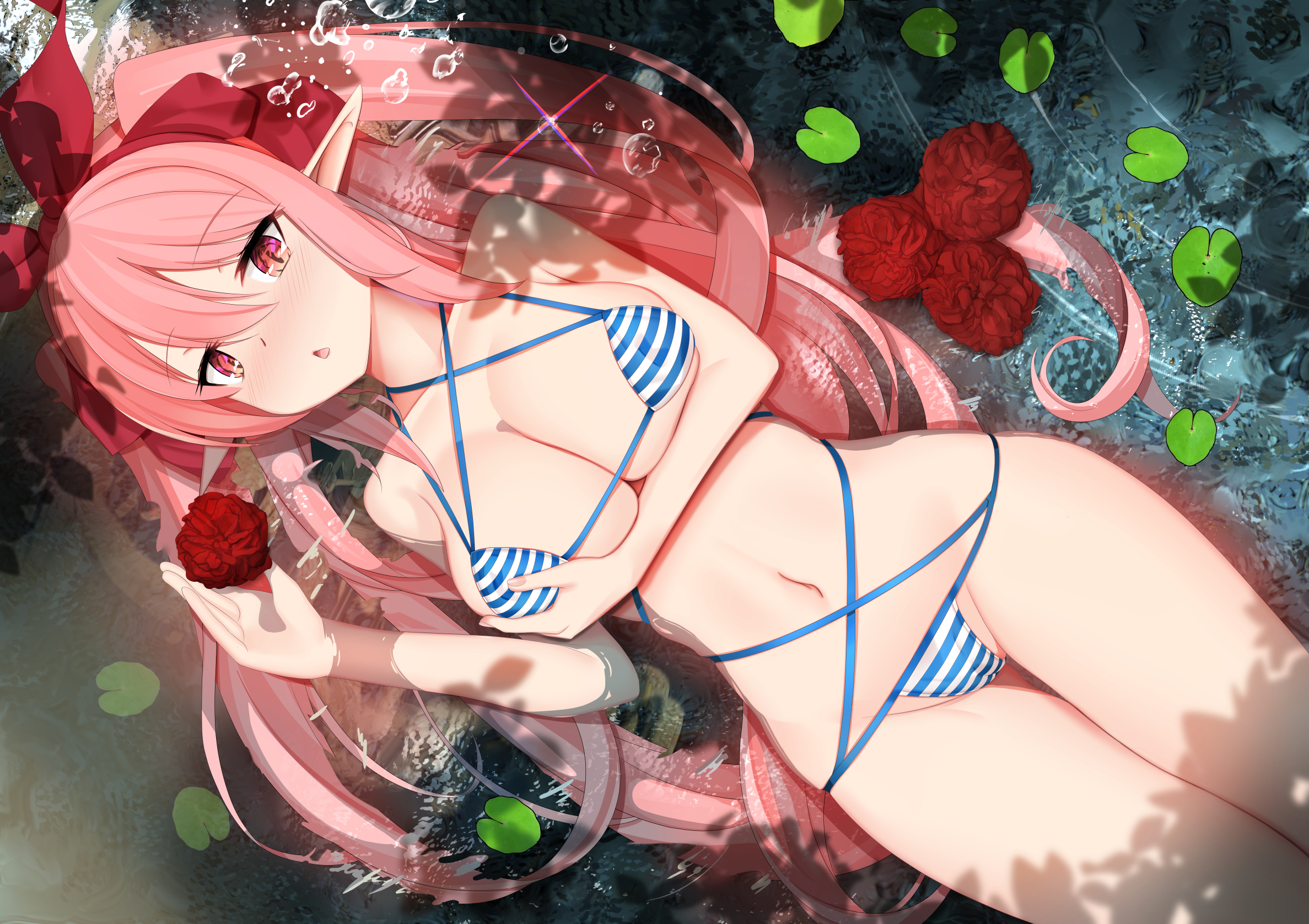 Anime 2375x1677 anime anime girls pink hair bikini water belly legs lying on back big boobs micro bikini string bikini long hair elves top view frontal view