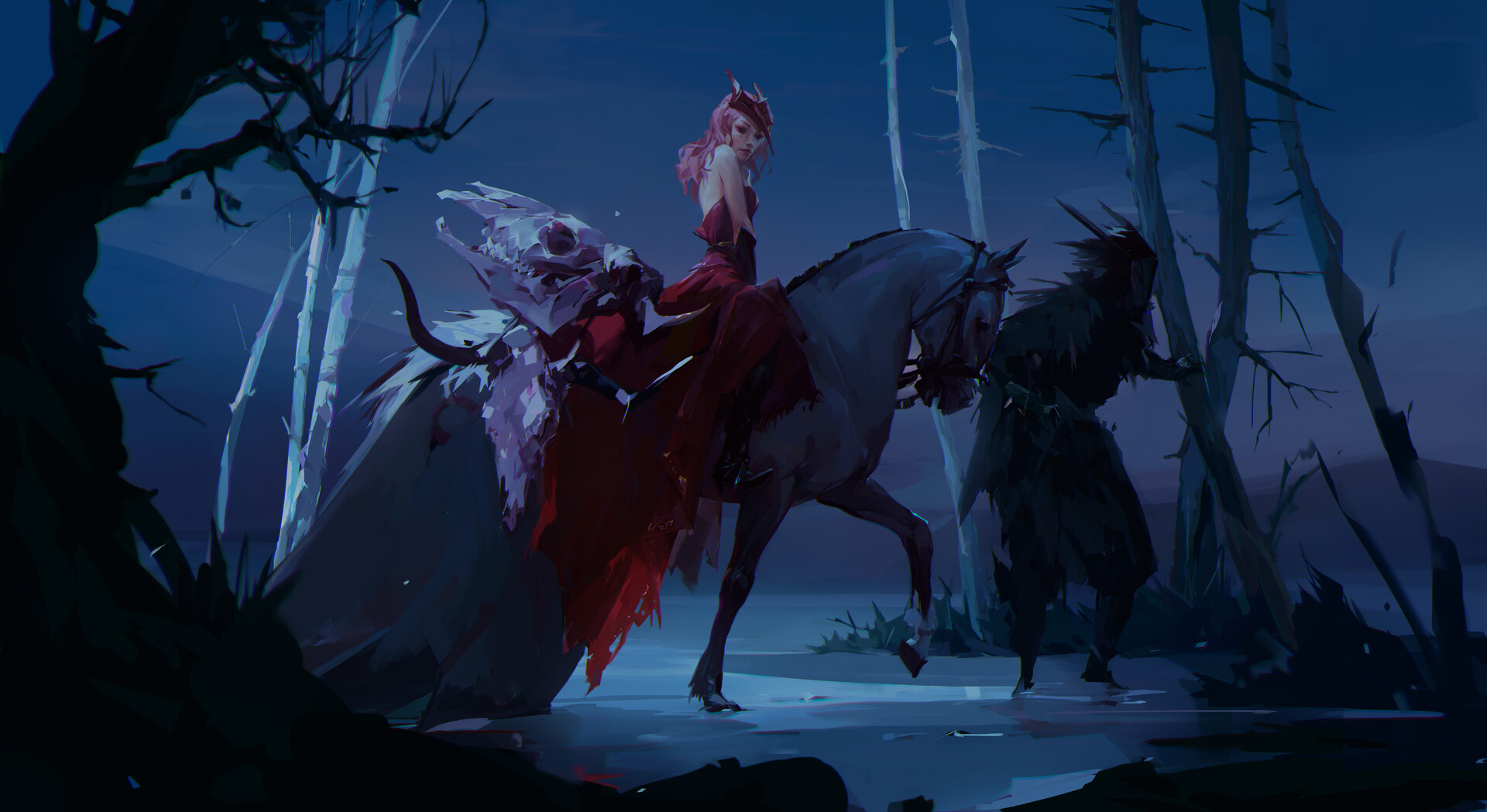 General 1920x1049 artwork fantasy art women red dress horse skull