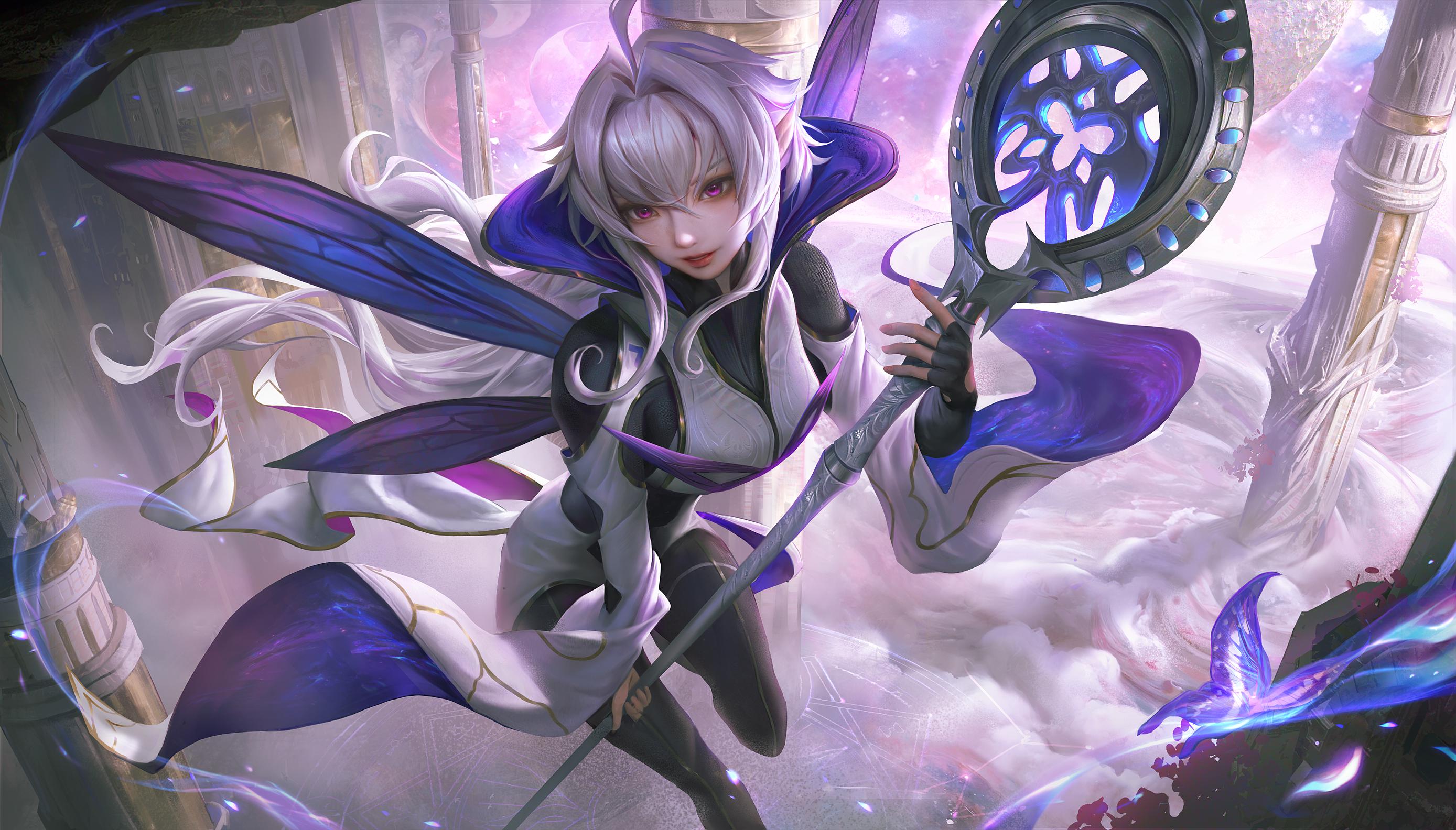 Anime 2777x1584 anime girls butterfly digital art Merlin (FGO) Fate/Grand Order red eyes looking at viewer smiling hair between eyes gloves fingerless gloves ahoge Fate series purple eyes butterfly wings parted lips JJGG pillar insect