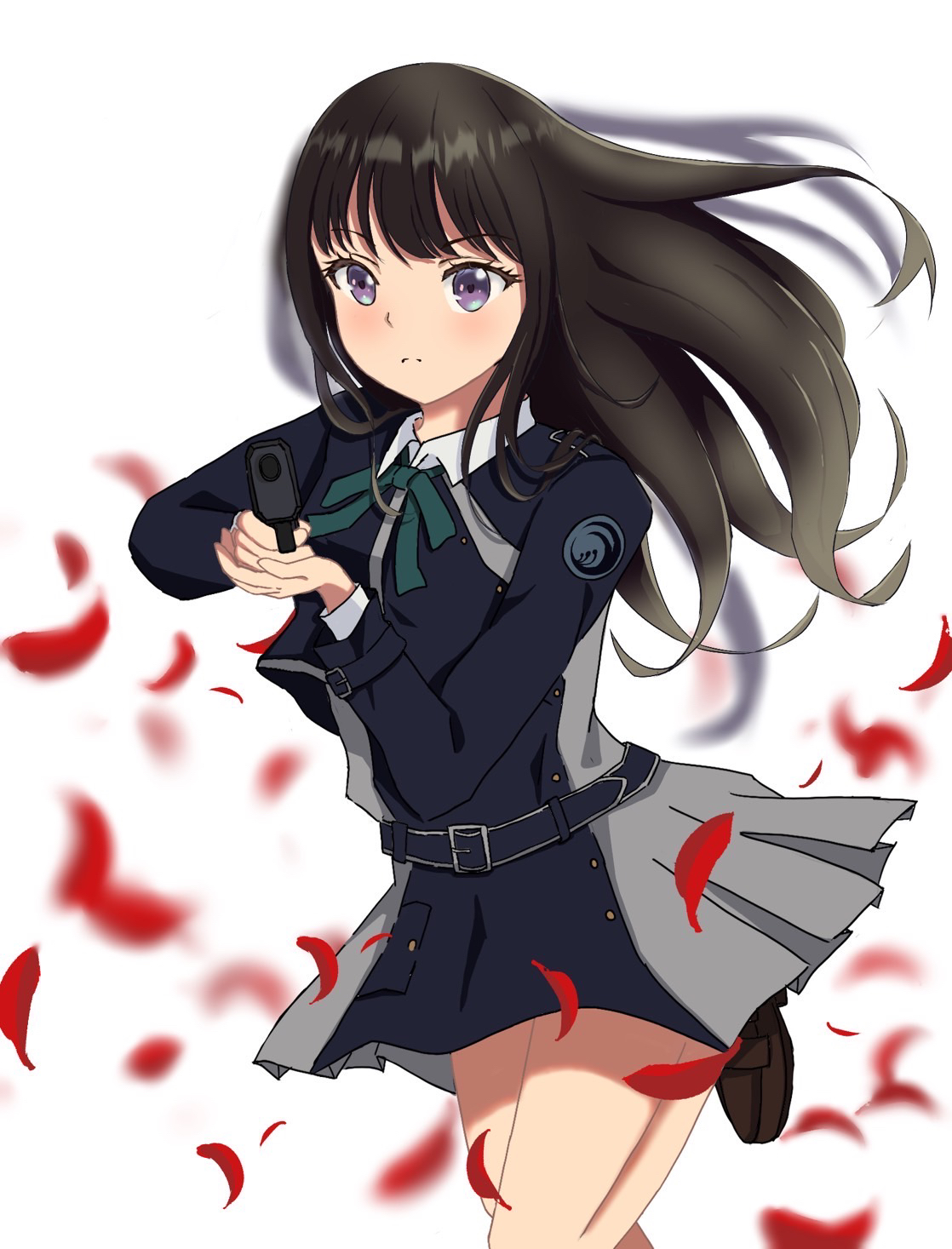 Anime 1118x1467 anime anime girls Lycoris Recoil Inoue Takina long hair black hair solo artwork digital art fan art gun girls with guns petals