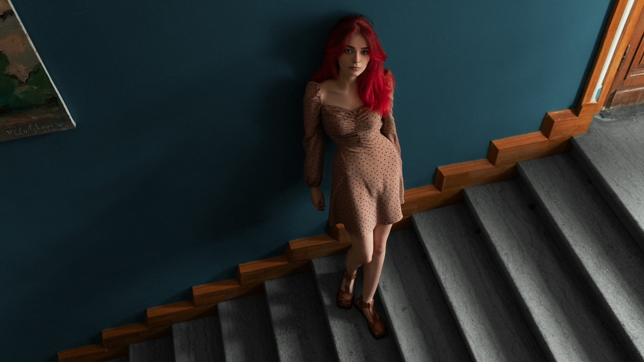People 2048x1153 George Poison women redhead dress high angle stairs Polina model