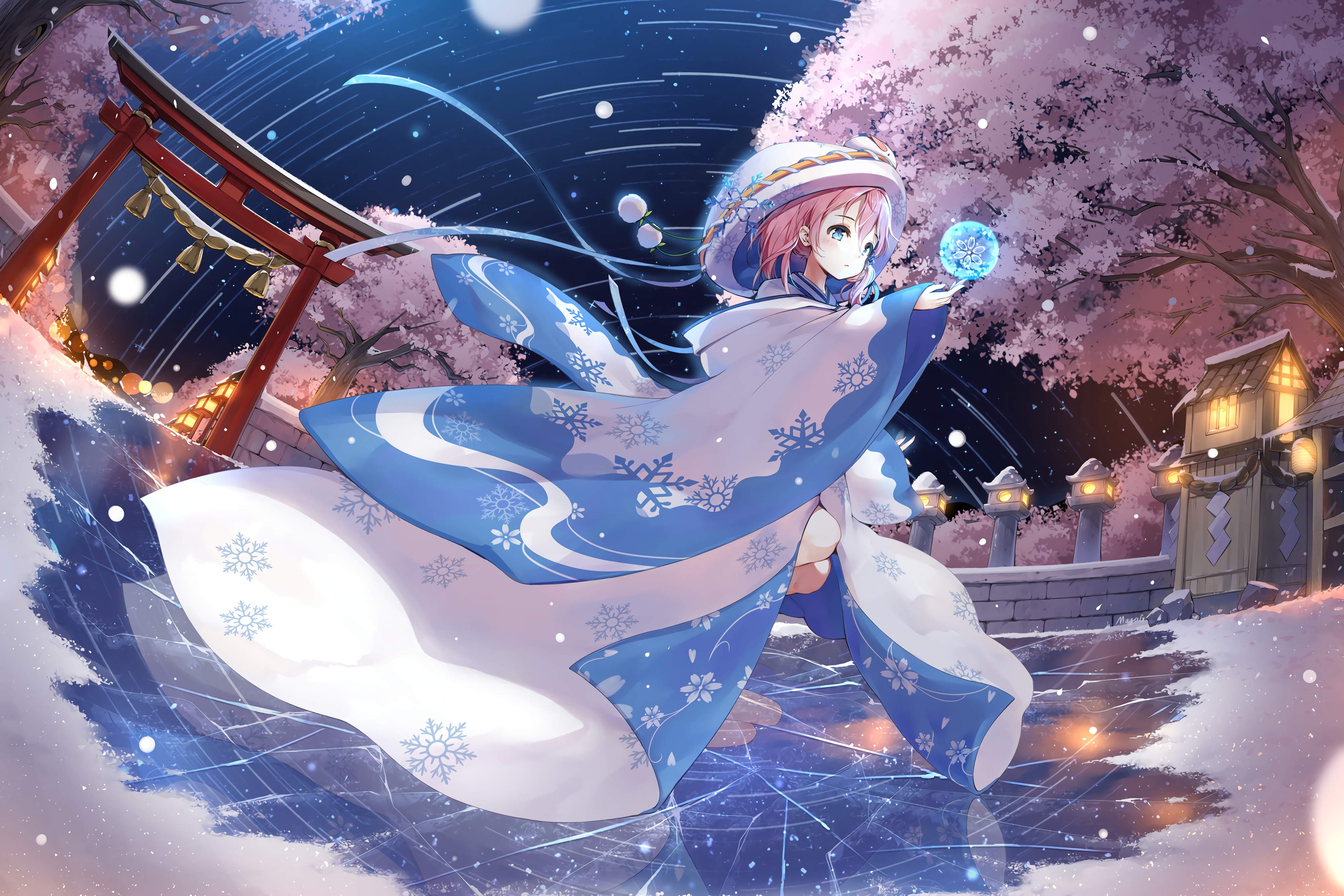 Anime 4000x2666 anime anime girls pink hair blue eyes stars cherry trees