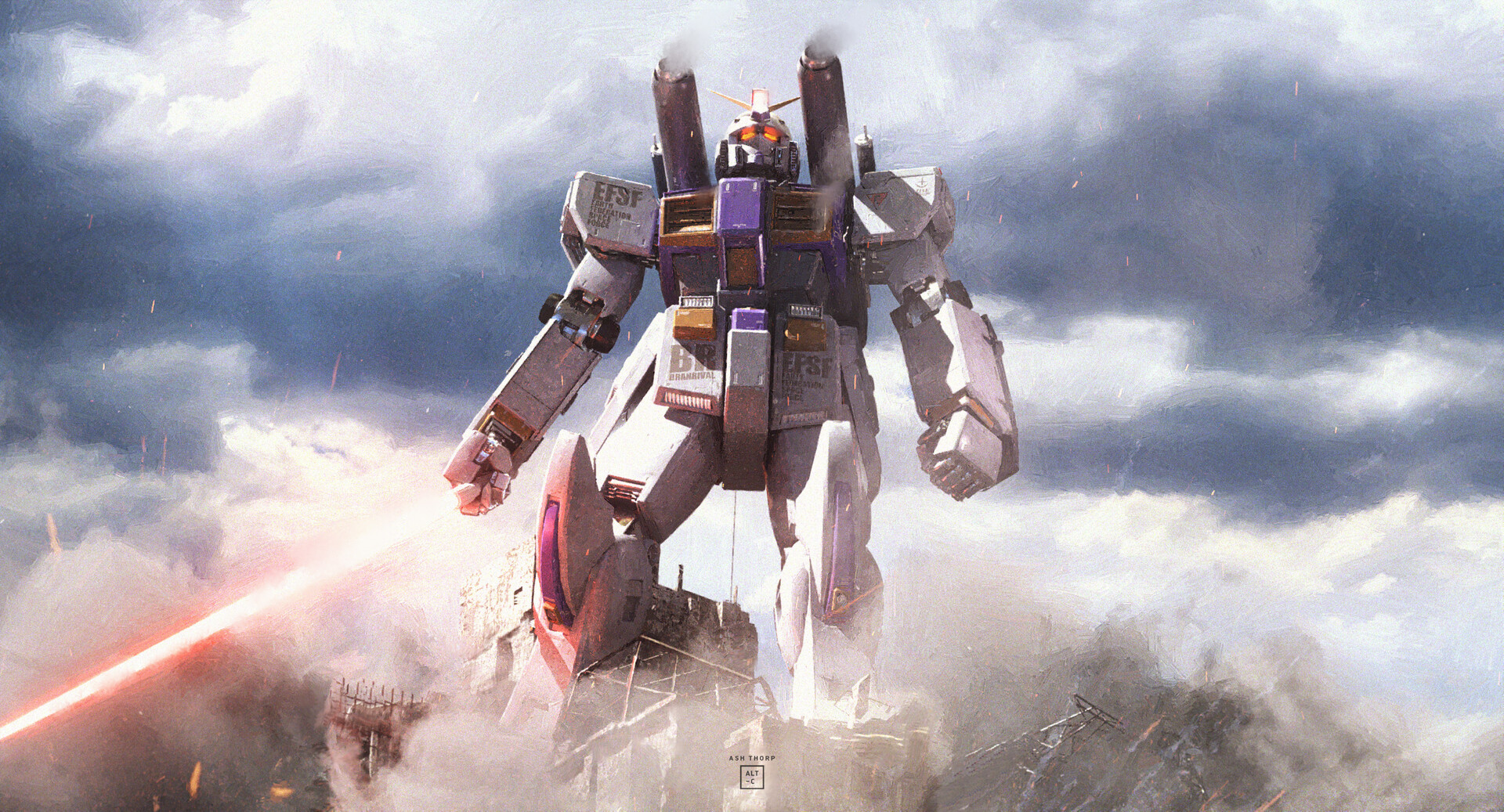 General 1920x1037 digital art artwork illustration robot Gundam clouds giant concept art fan art laser swords mechs lightsaber