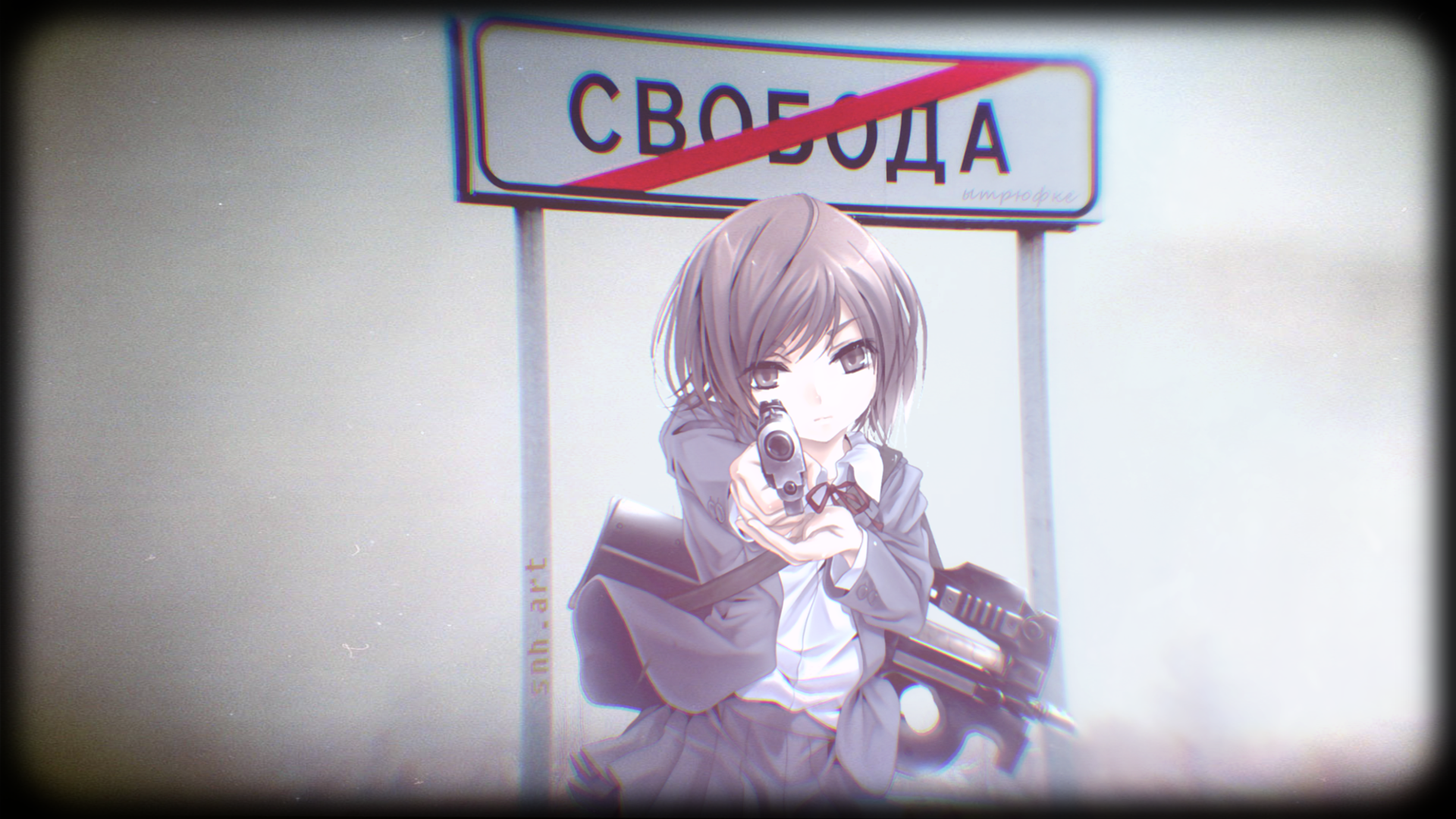 Anime 1920x1080 animeirl freedom sign post anime girls gun girls with guns FN P90 at gunpoint propaganda Russian