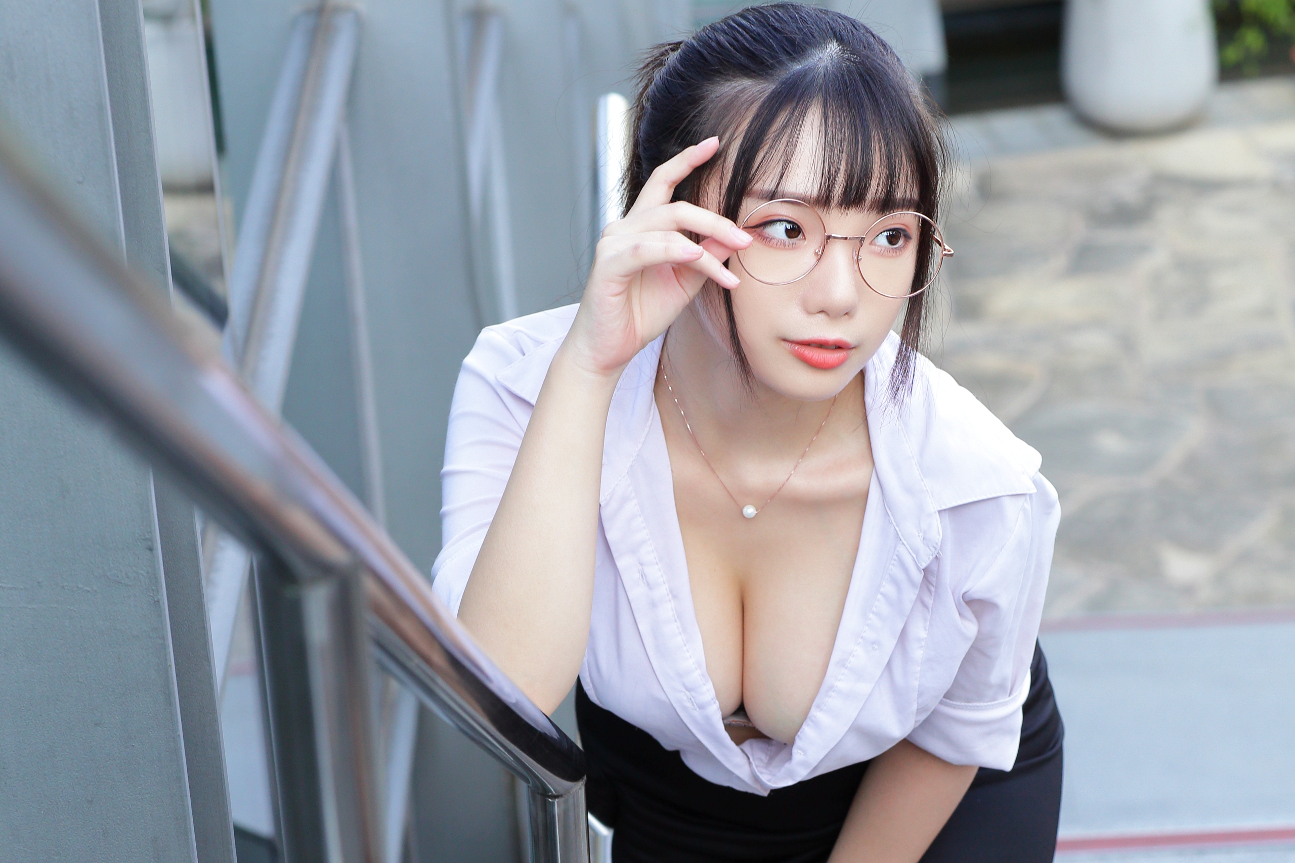 People 2560x1707 Ning Shioulin women model brunette bangs women with glasses glasses portrait brown eyes parted lips necklace cleavage shirt miniskirt office girl depth of field railing outdoors women outdoors cosplay Chinese Asian