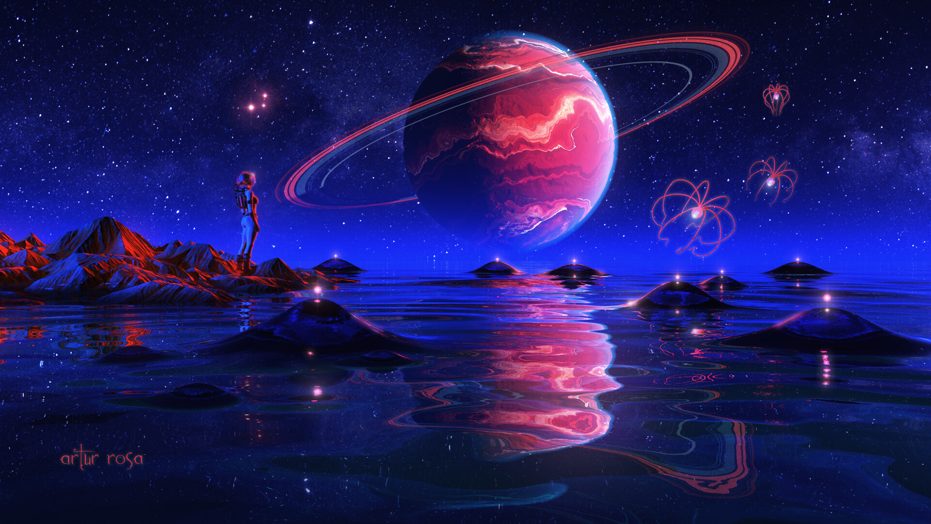 General 1920x1080 digital art stars planet water lights science fiction colorful science fiction women CGI render reflection starry night sky planetary rings ArtStation Artur Rosa