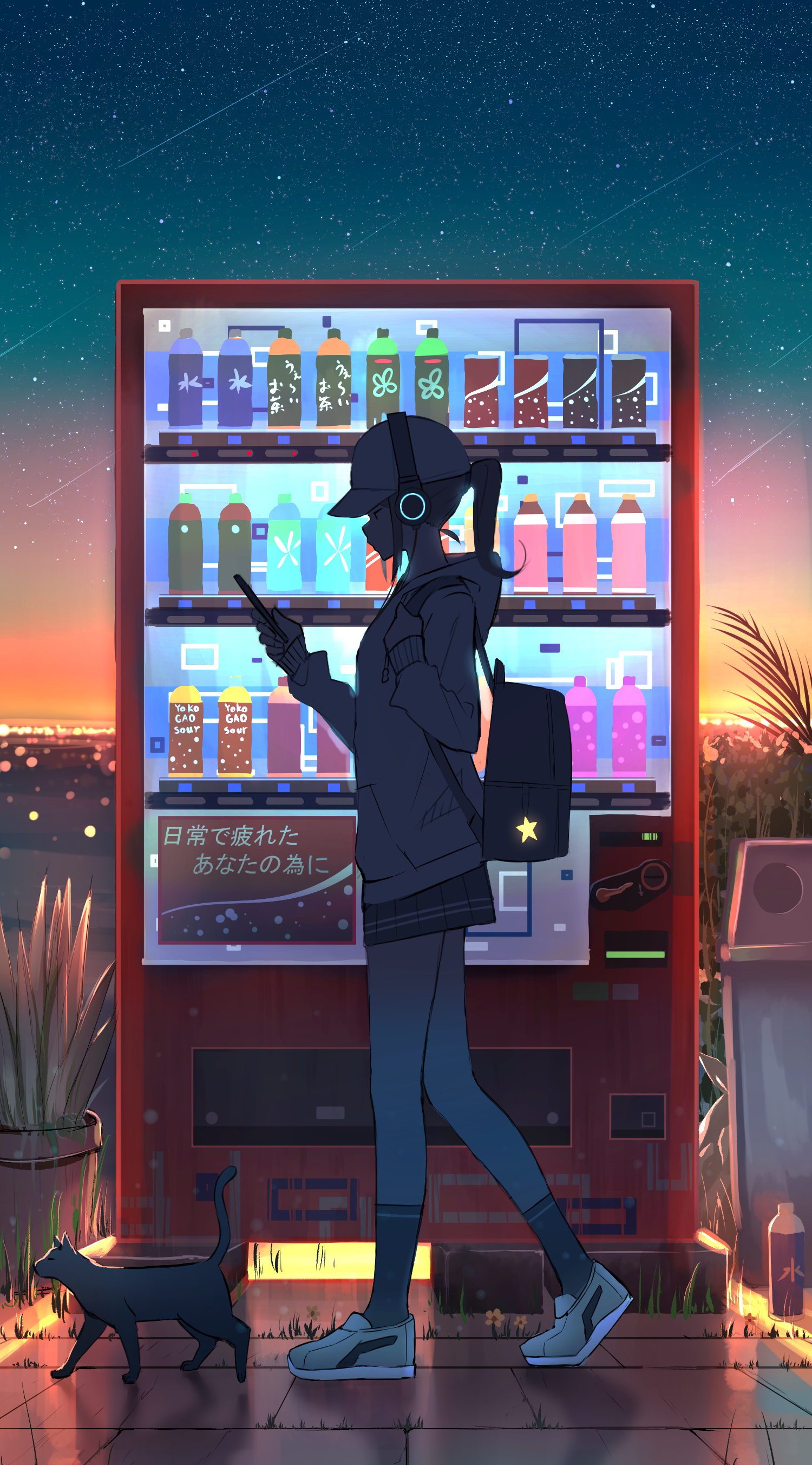 Anime 1500x2704 anime anime girls cats vending machine side view profile women women outdoors bag headphones drink soda can evening sunset Pasoputi