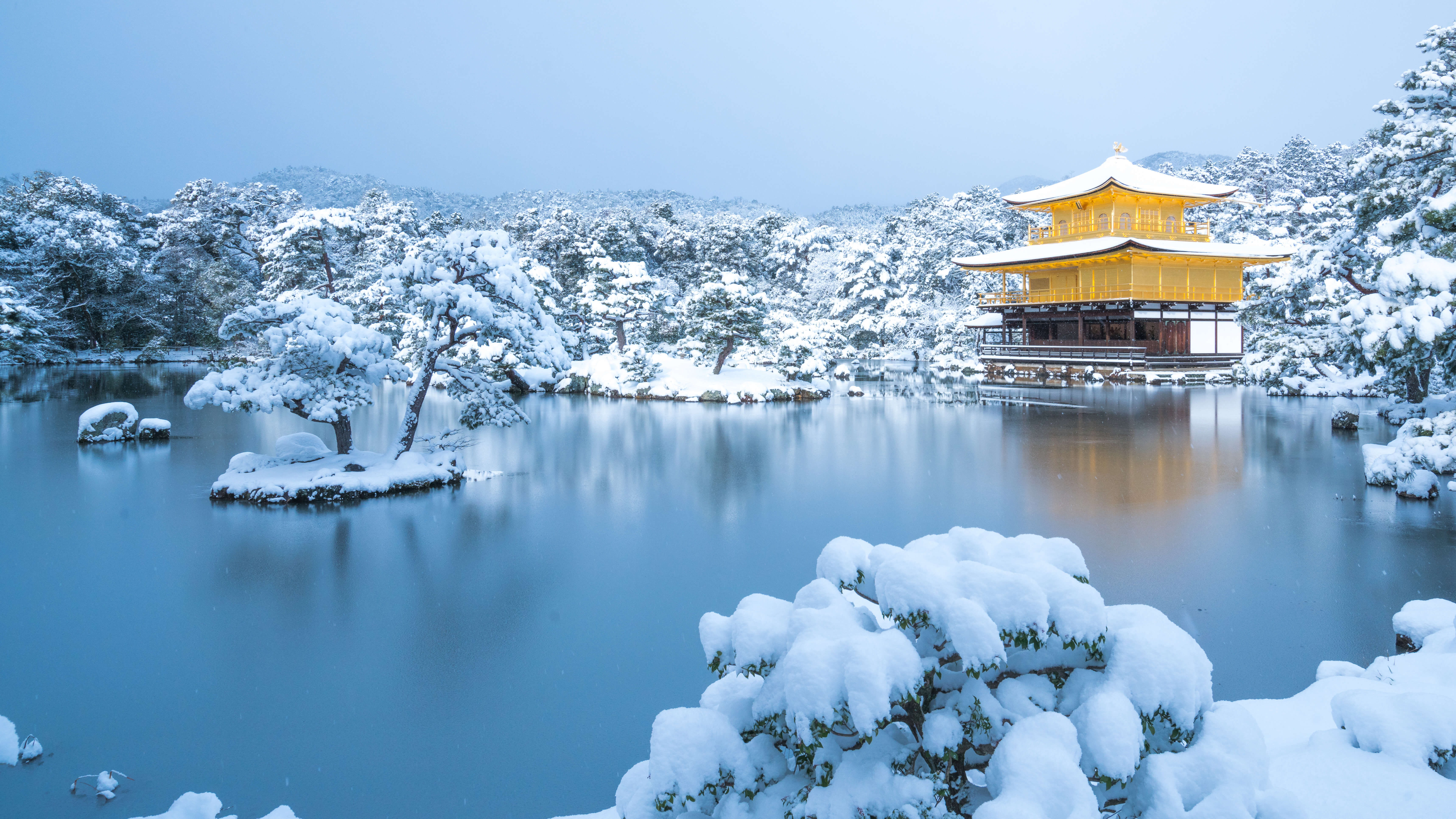 General 6865x3861 Japan Kyoto Kinkaku-ji winter nature lake snow Asia water cold ice building trees