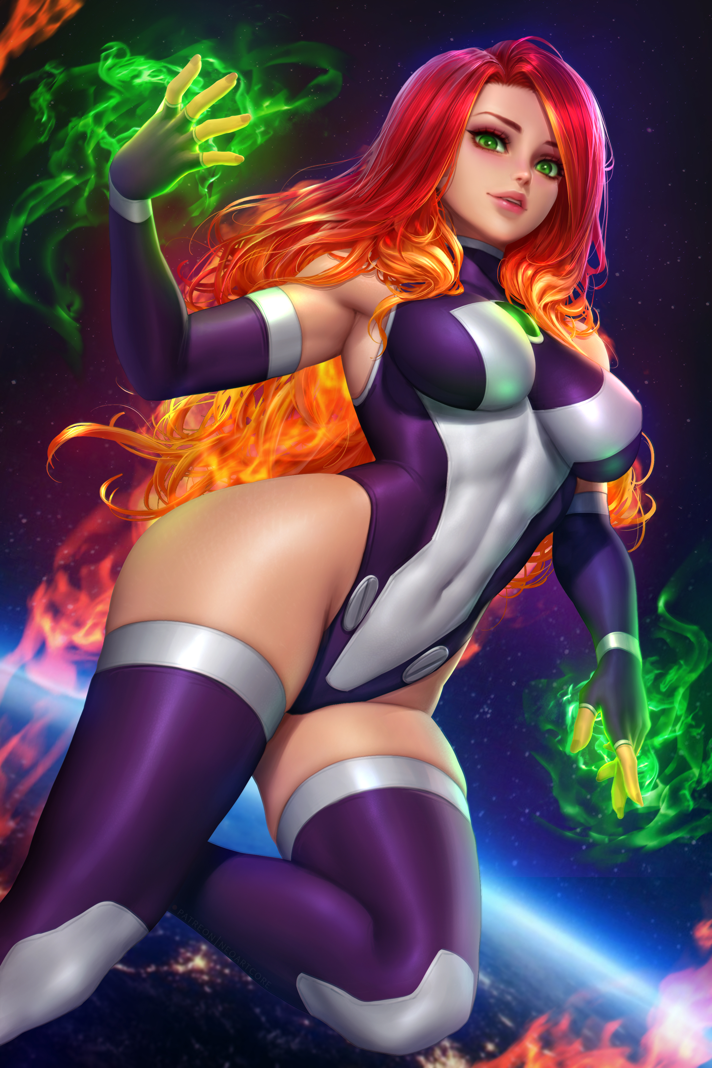 General 2400x3597 Starfire DC Comics superheroines fantasy girl redhead gradient hair long hair looking at viewer green eyes parted lips tongue out bodysuit elbow gloves thigh-highs thick thigh space fantasy art artwork drawing digital art illustration fan art NeoArtCorE (artist)