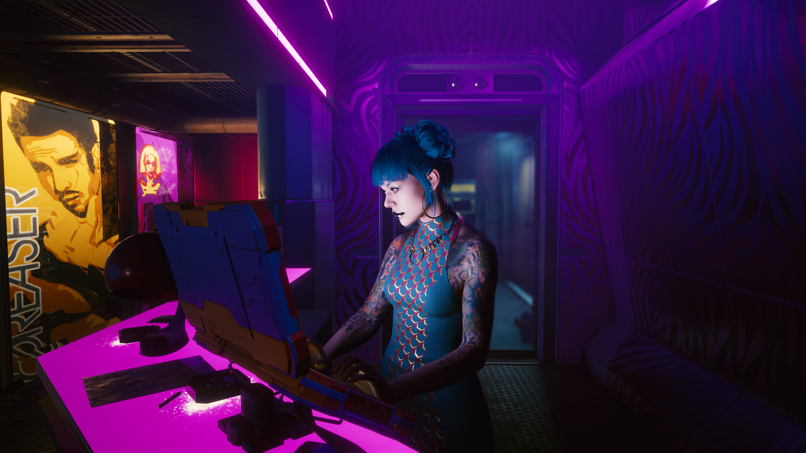 General 2560x1440 Cyberpunk 2077 screen shot video games PC gaming women inked girls blue hair