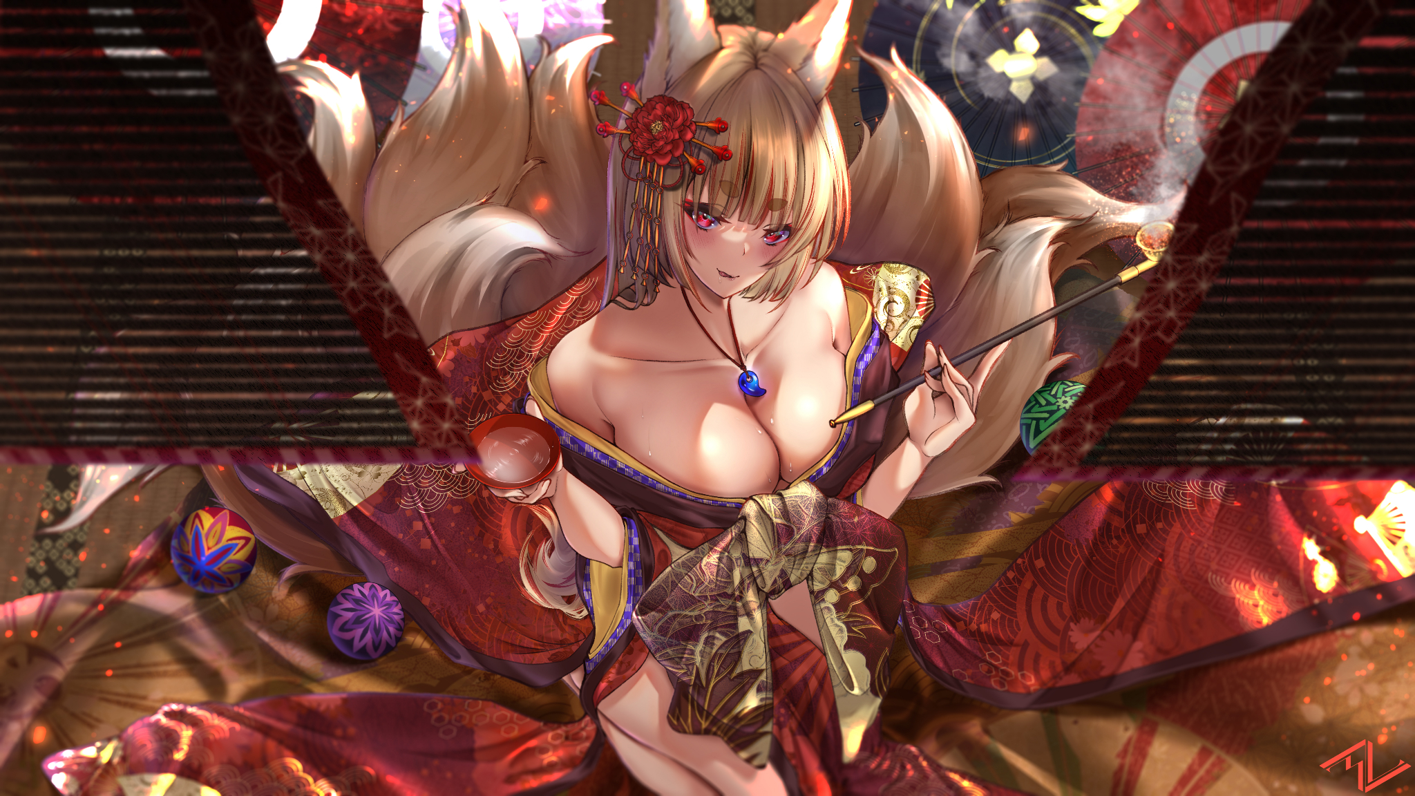 Anime 2048x1152 animal ears cleavage blonde red eyes fox girl tail bare shoulders kimono Japanese clothes anime girls Nolmo