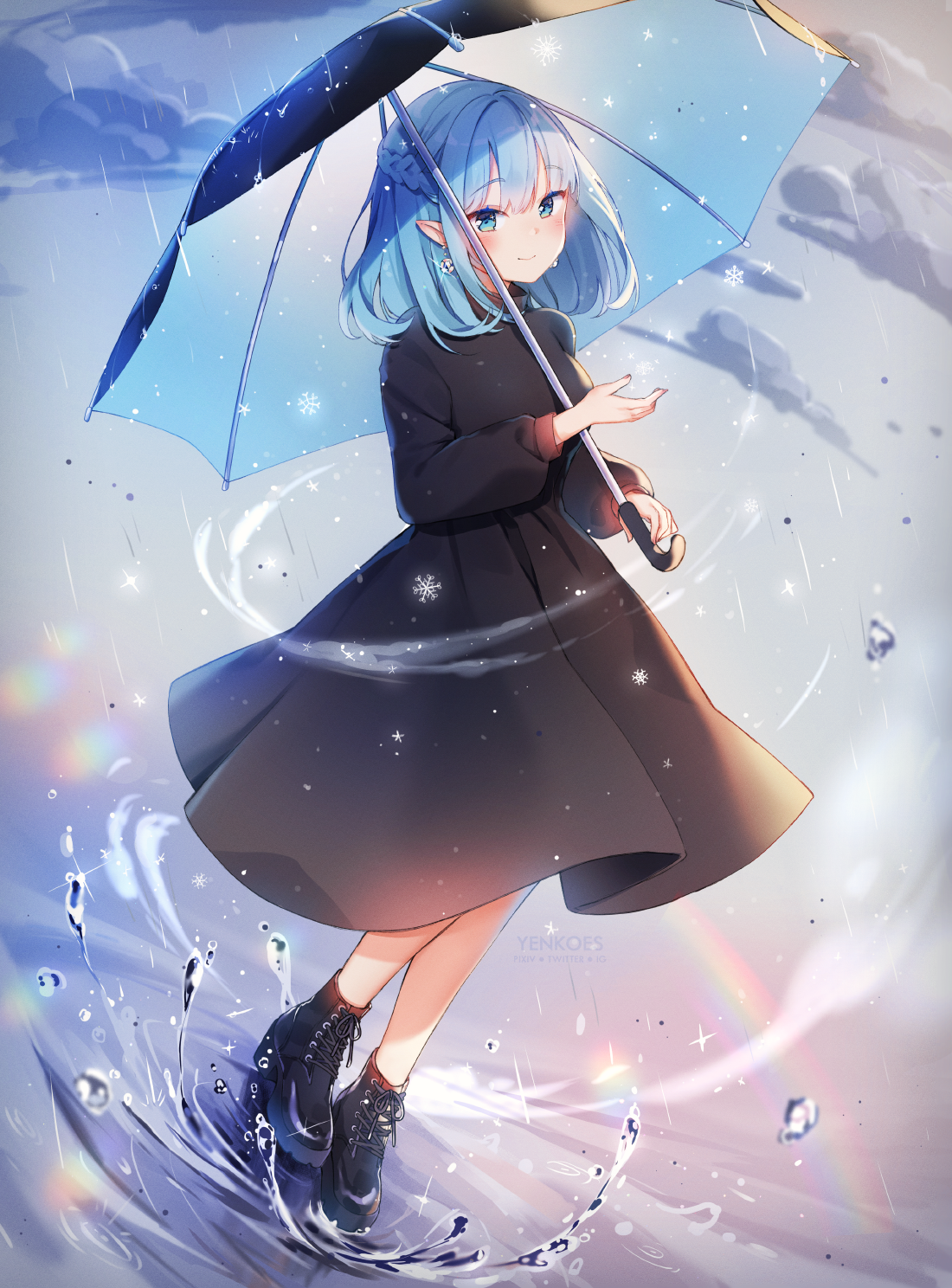 Anime 1100x1488 anime girls original characters Yennineii umbrella blue hair blue eyes pointy ears dress rain