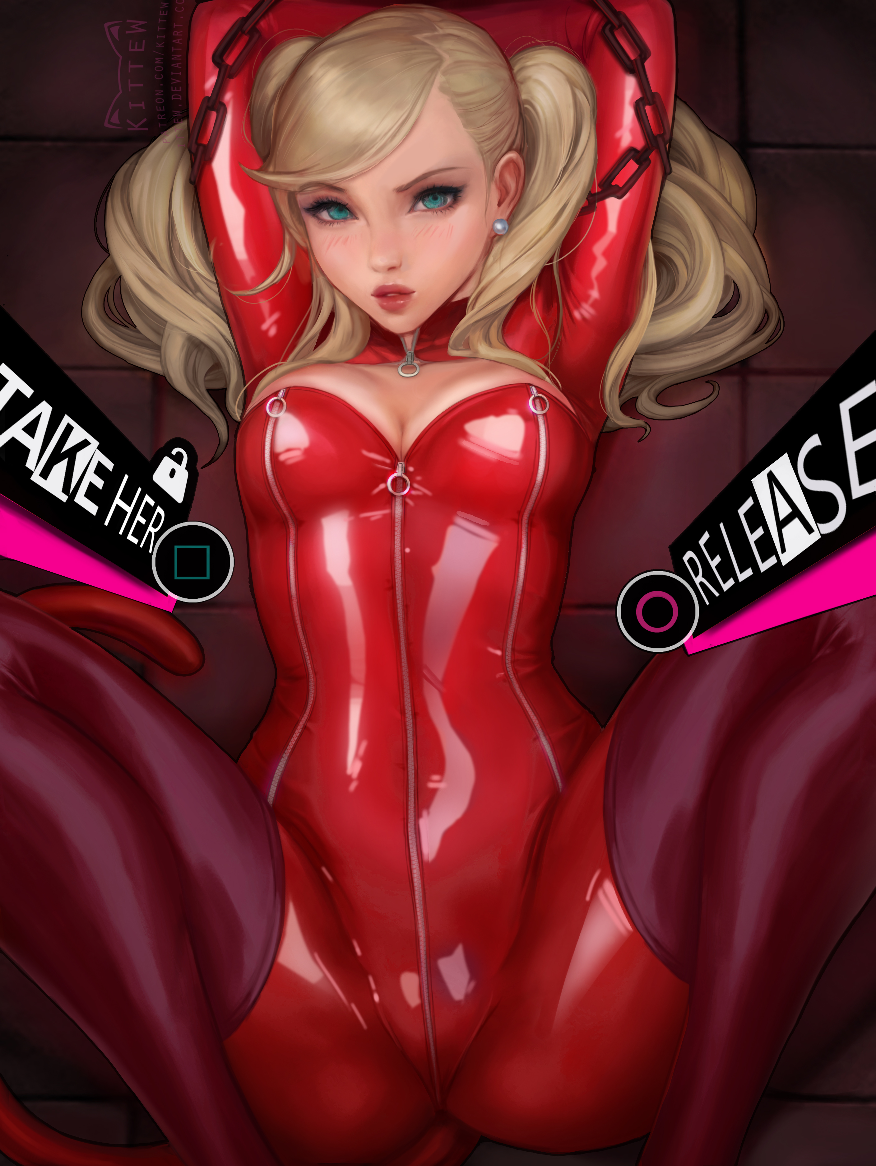 Anime 2817x3747 Ann Takamaki  Persona series Persona 5 blonde twintails blue eyes portrait display blushing anime anime girls parted lips chains bodysuit tight clothing thigh high boots thick thigh cleavage red clothing lying on back top view zipper artwork drawing digital art illustration 2D fan art Kittew POV implied sex