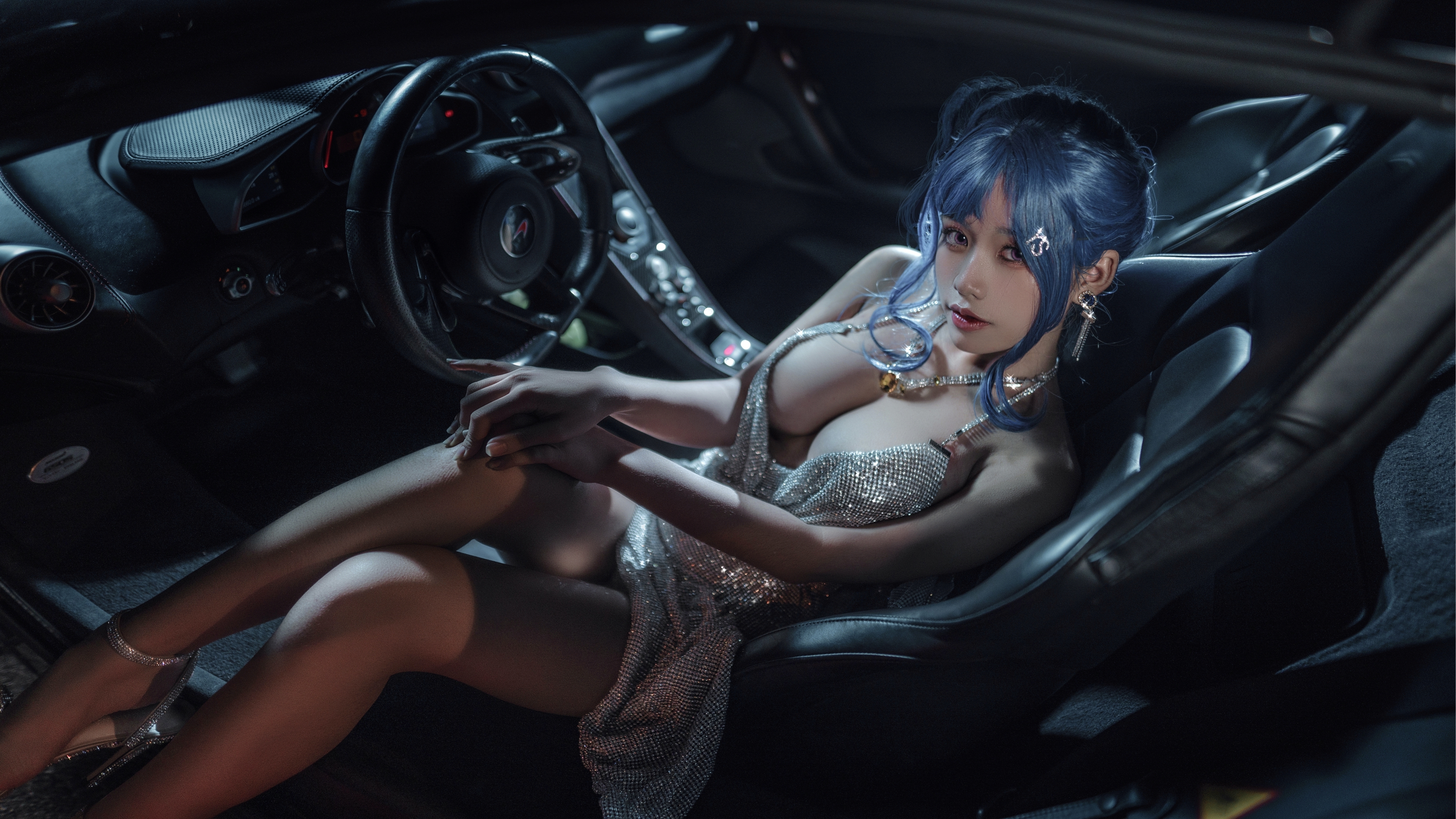 People 4000x2250 women cosplay video games dress necklace sitting high heels Yixiao Cos boobs looking at viewer legs McLaren 650S chainmail halter dress skimpy clothes dyed hair Saint Louis (Azur Lane) car Azur Lane cleavage blue hair McLaren