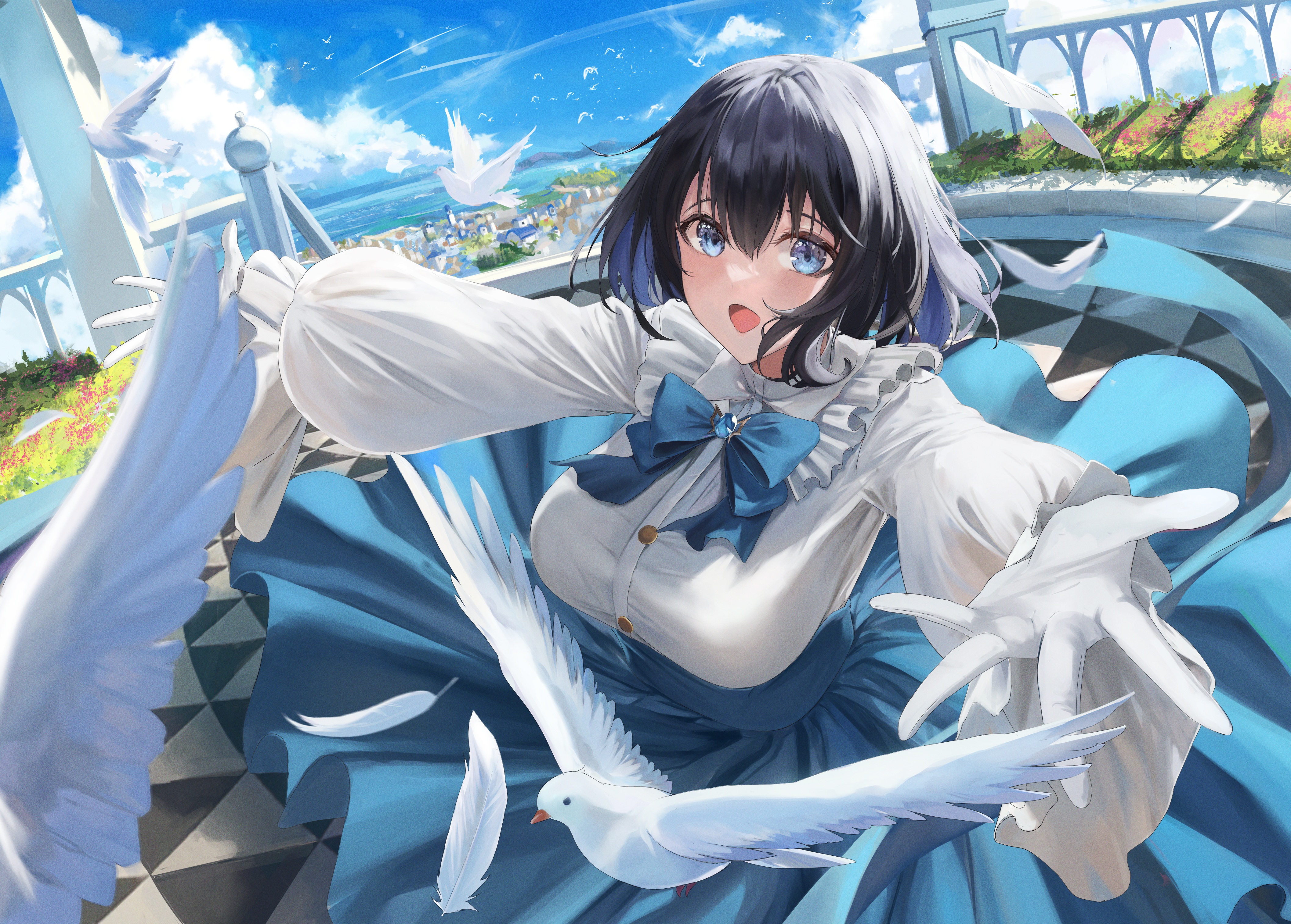 Anime 4230x3031 anime anime girls boobs big boobs dove dark hair blue eyes open mouth dress birds clouds hair between eyes sky looking at viewer sunlight puffy sleeves long sleeves white gloves gloves outdoors women outdoors short hair gemstones bow tie feathers frills animals aoi 13