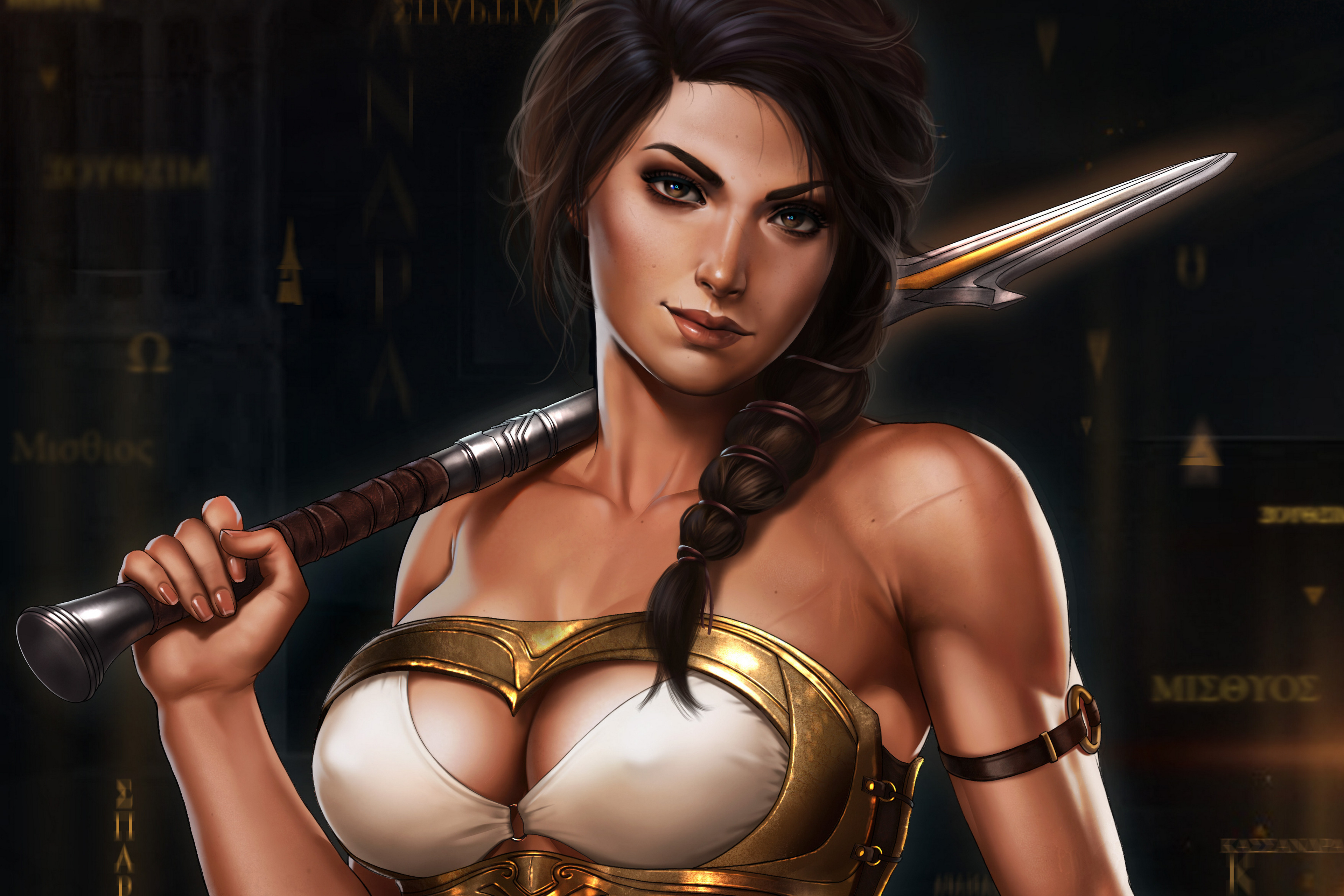 General 3840x2560 Dandonfuga warrior digital art fantasy girl tanned brunette armor sword Kassandra Assassin's Creed: Odyssey