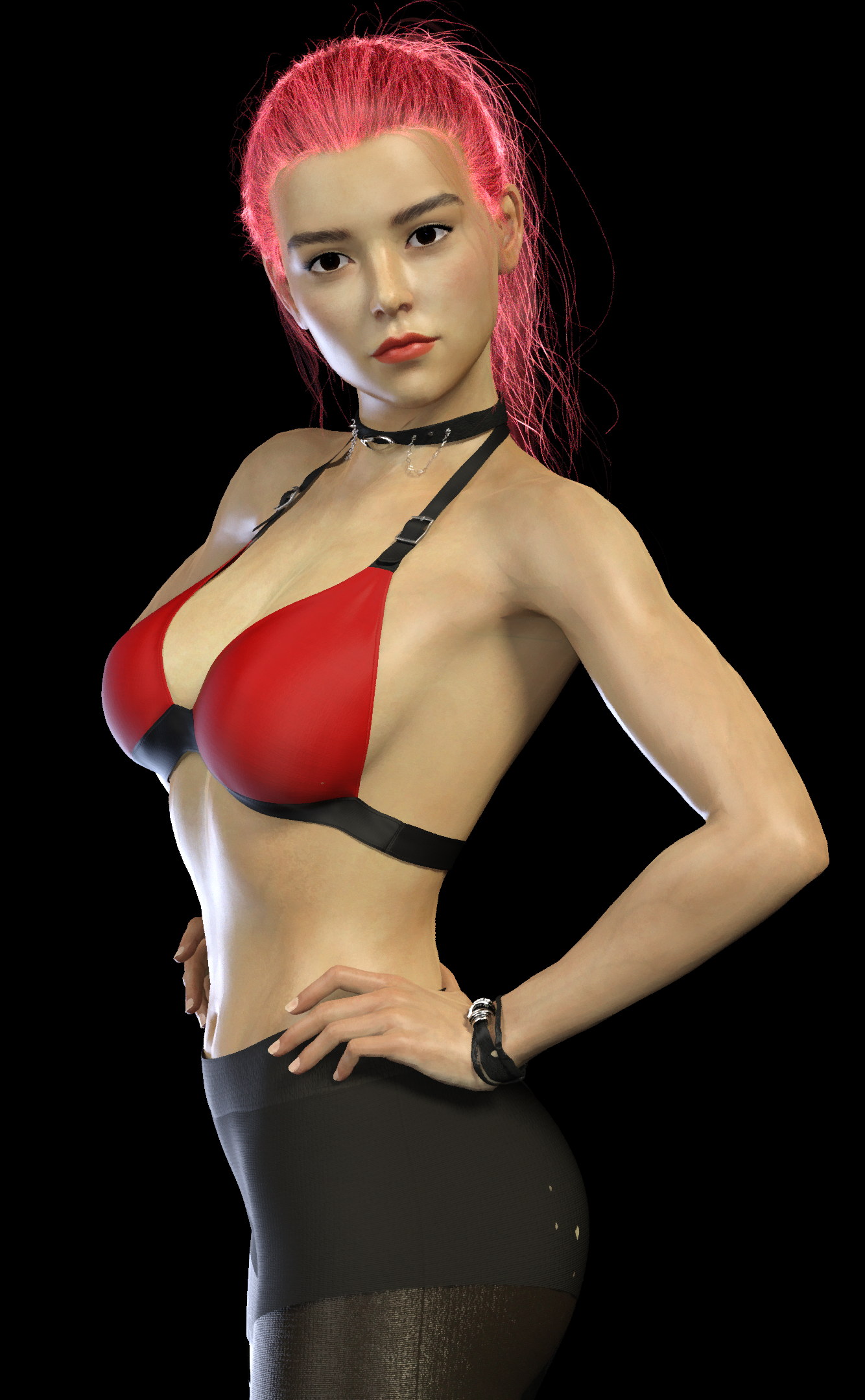Anime 1334x2160 Daz 3D digital art CGI bra pantyhose women black background hands on hips simple background