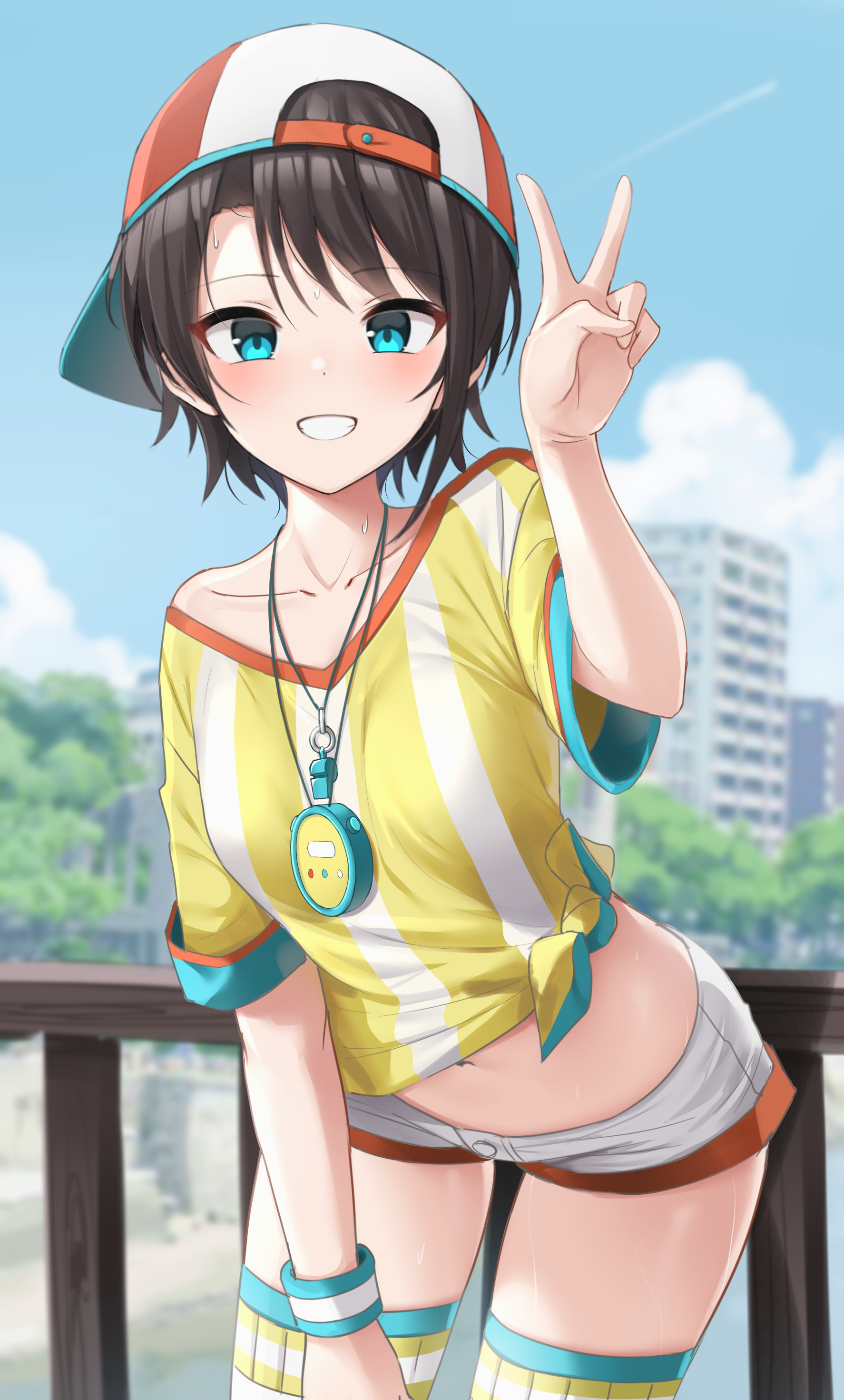 Anime 1774x2941 2D anime anime girls digital art Pixiv brunette blue eyes yellow shirt Stopwatch short shorts looking at viewer peace sign knee high socks wristband tied top belly belly button Oozora Subaru