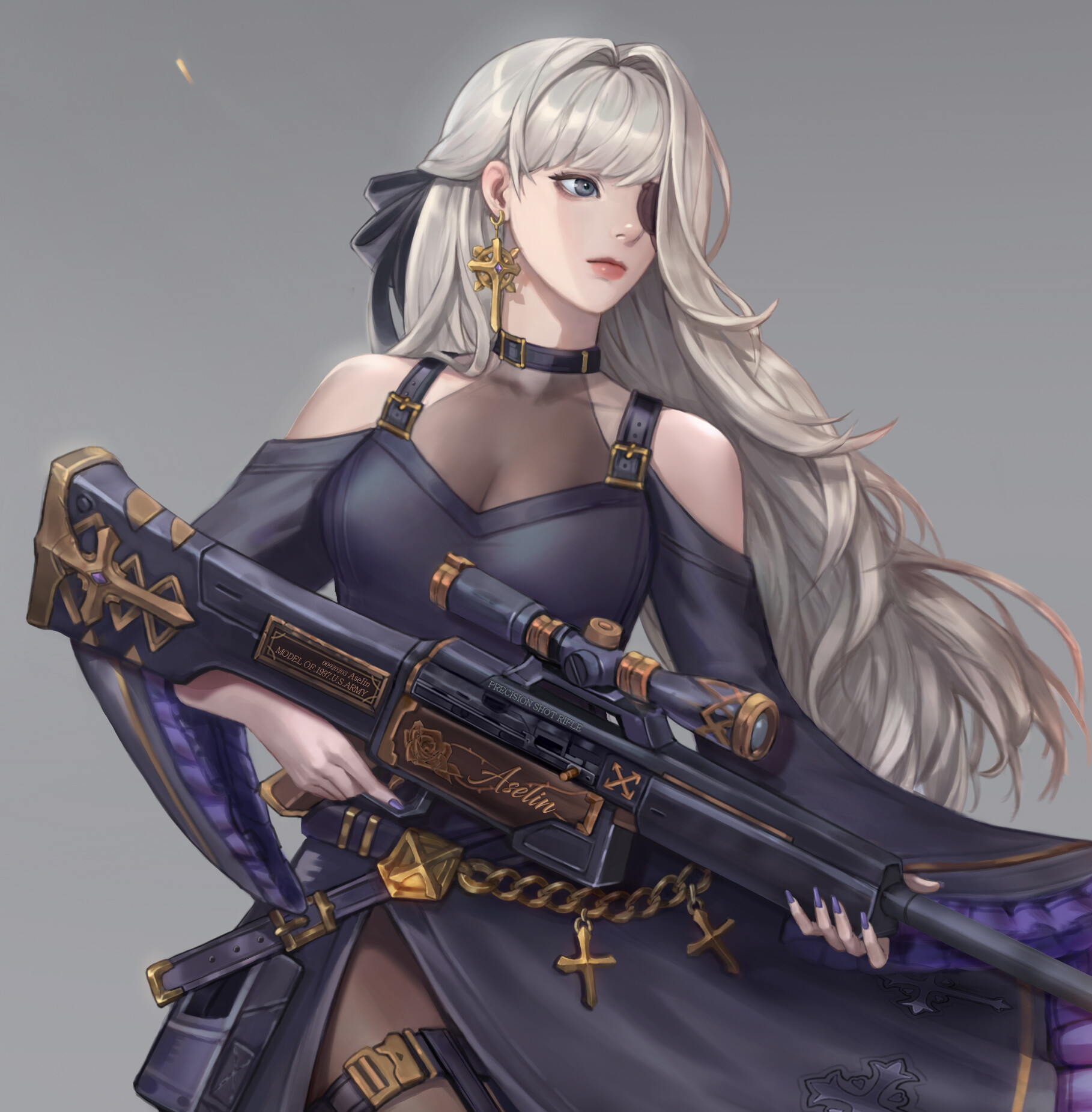 Anime 1818x1851 Discuzz ArtStation anime anime girls long hair weapon eyepatches rifles sniper rifle girls with guns simple background gray background painted nails purple nails looking away dress gray hair