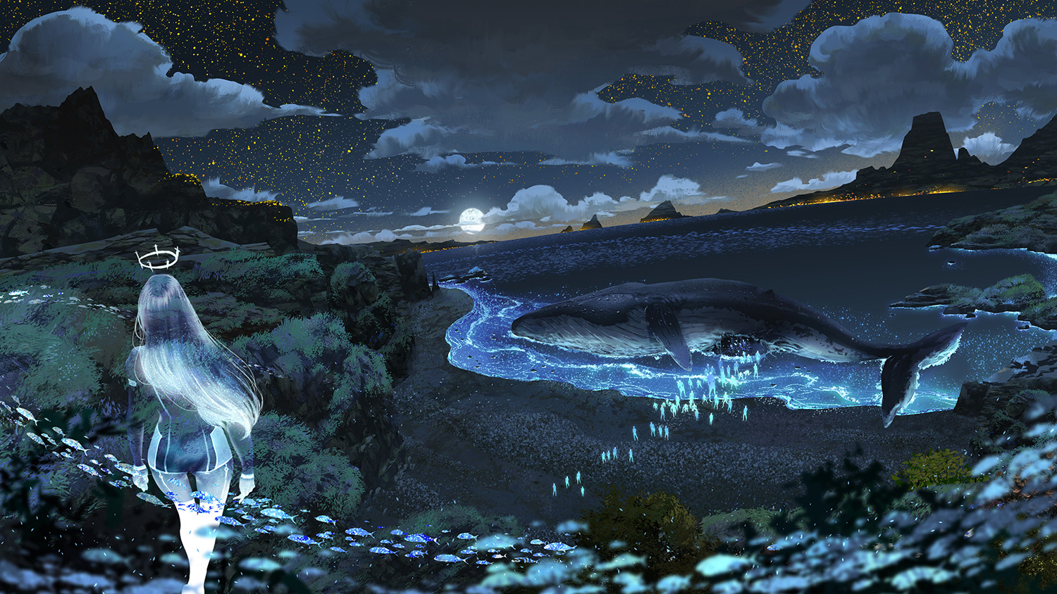 General 1500x844 watermother Jian digital art fantasy art whale beach starry night fish surreal night Moon moonlight crown
