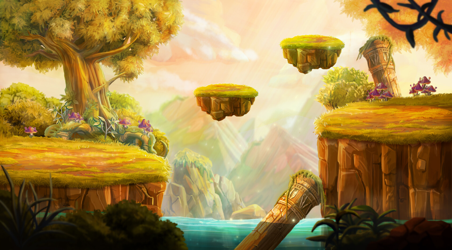 General 1920x1065 digital art fantasy art floating island trees mushroom mountains column water cliff