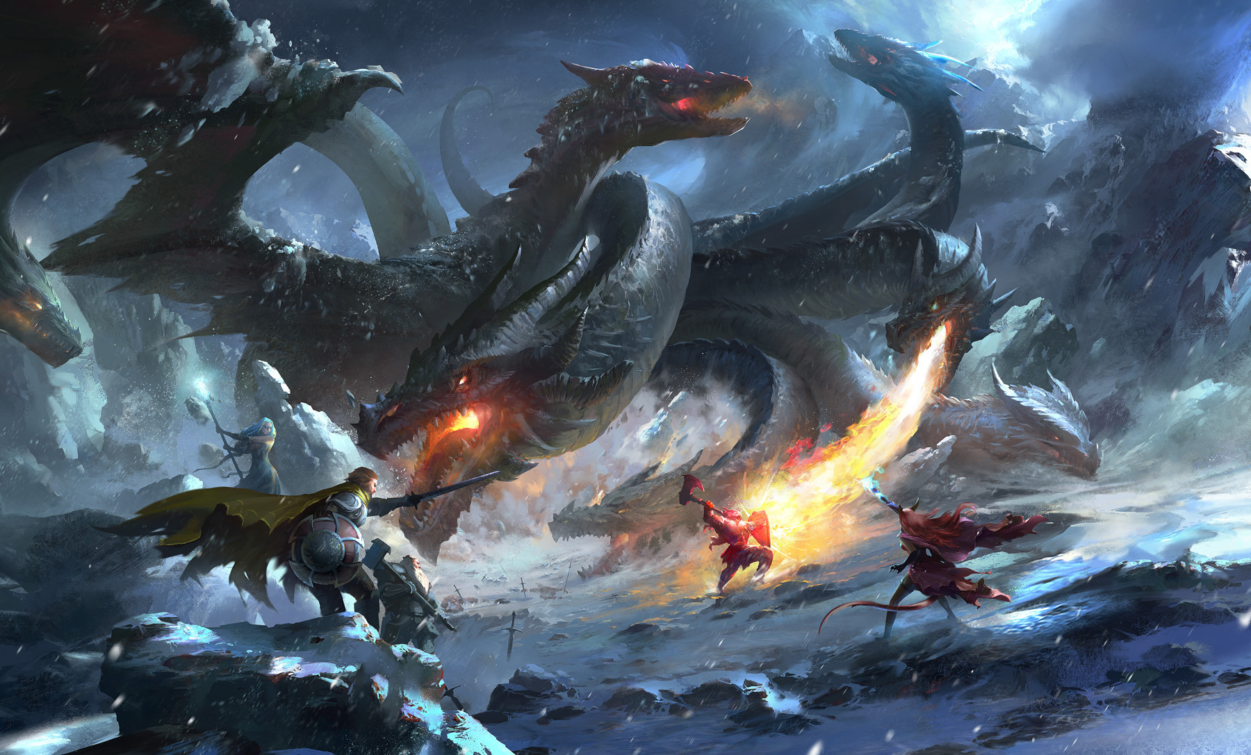 General 1800x1087 artwork fantasy art Dungeons & Dragons sorceress warrior dwarf dragon shield digital art hydra pointy teeth fire snowing snow