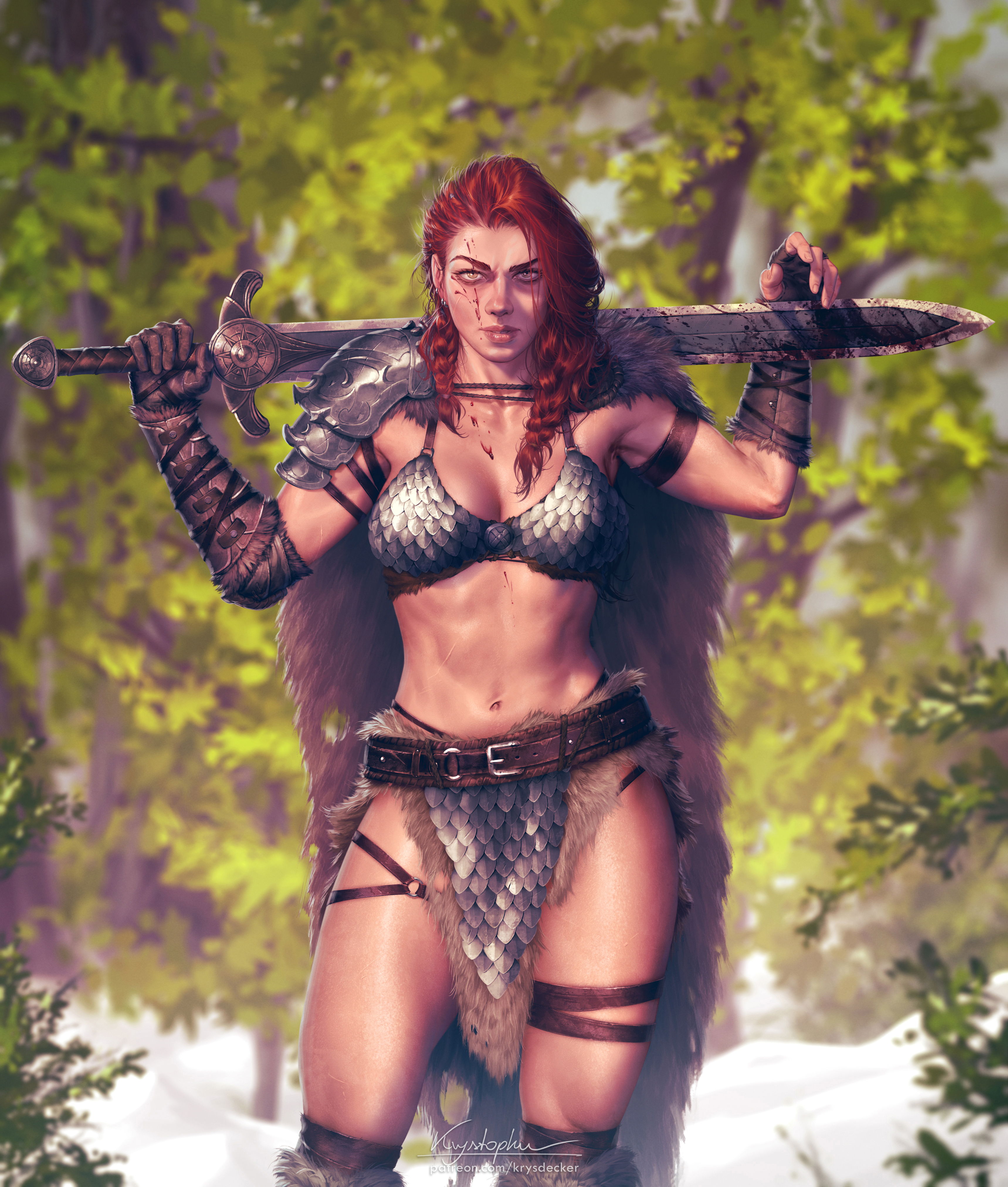 General 3437x4047 Krys Decker Red Sonja redhead sword warrior long hair braids blood thick eyebrows thighs chain mail women with swords belly belly button armpits armor digital art