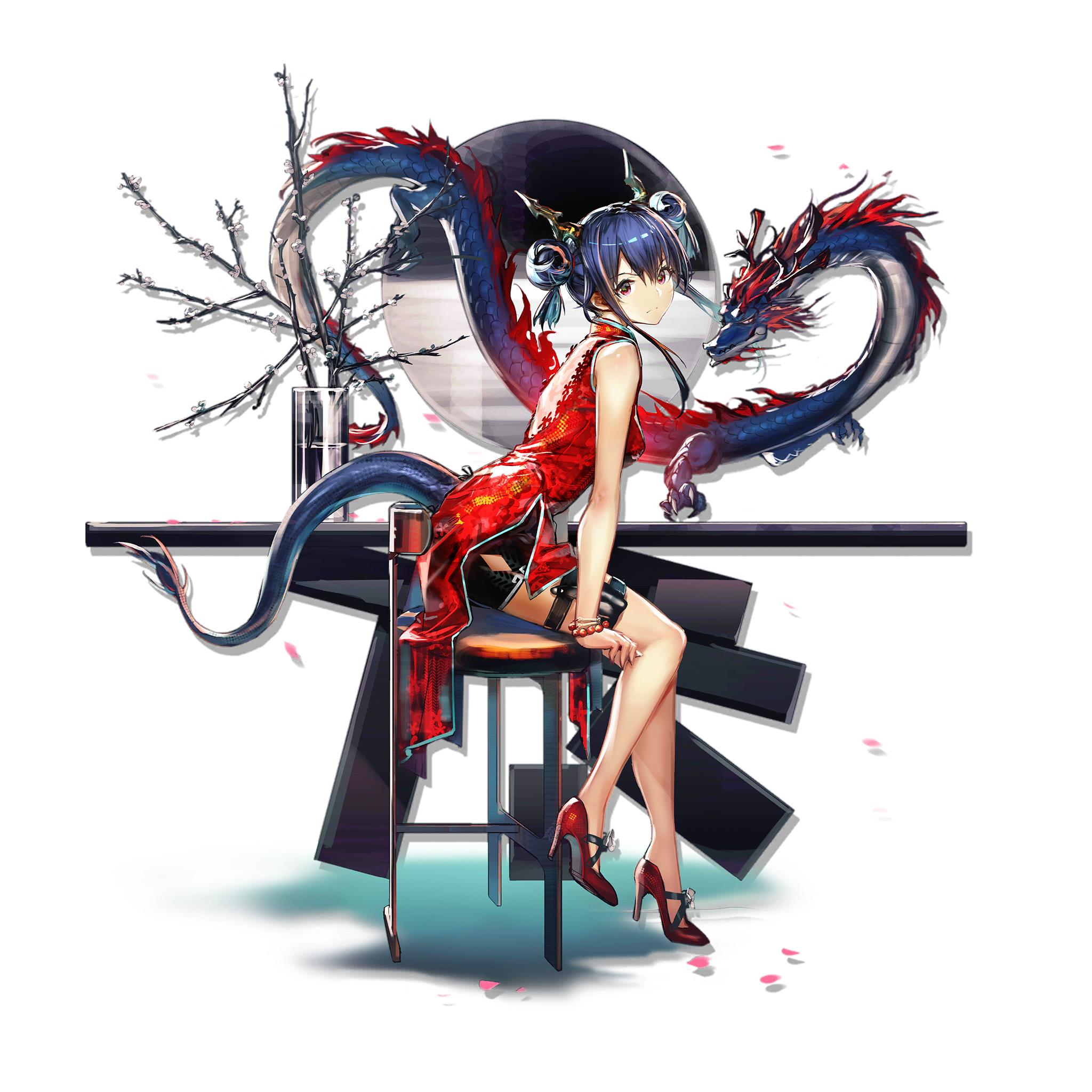 Anime 2048x2048 Arknights anime Hoshieve artwork anime girls dragon girl dragon horns tail blue hair pink eyes Chen (Arknights)