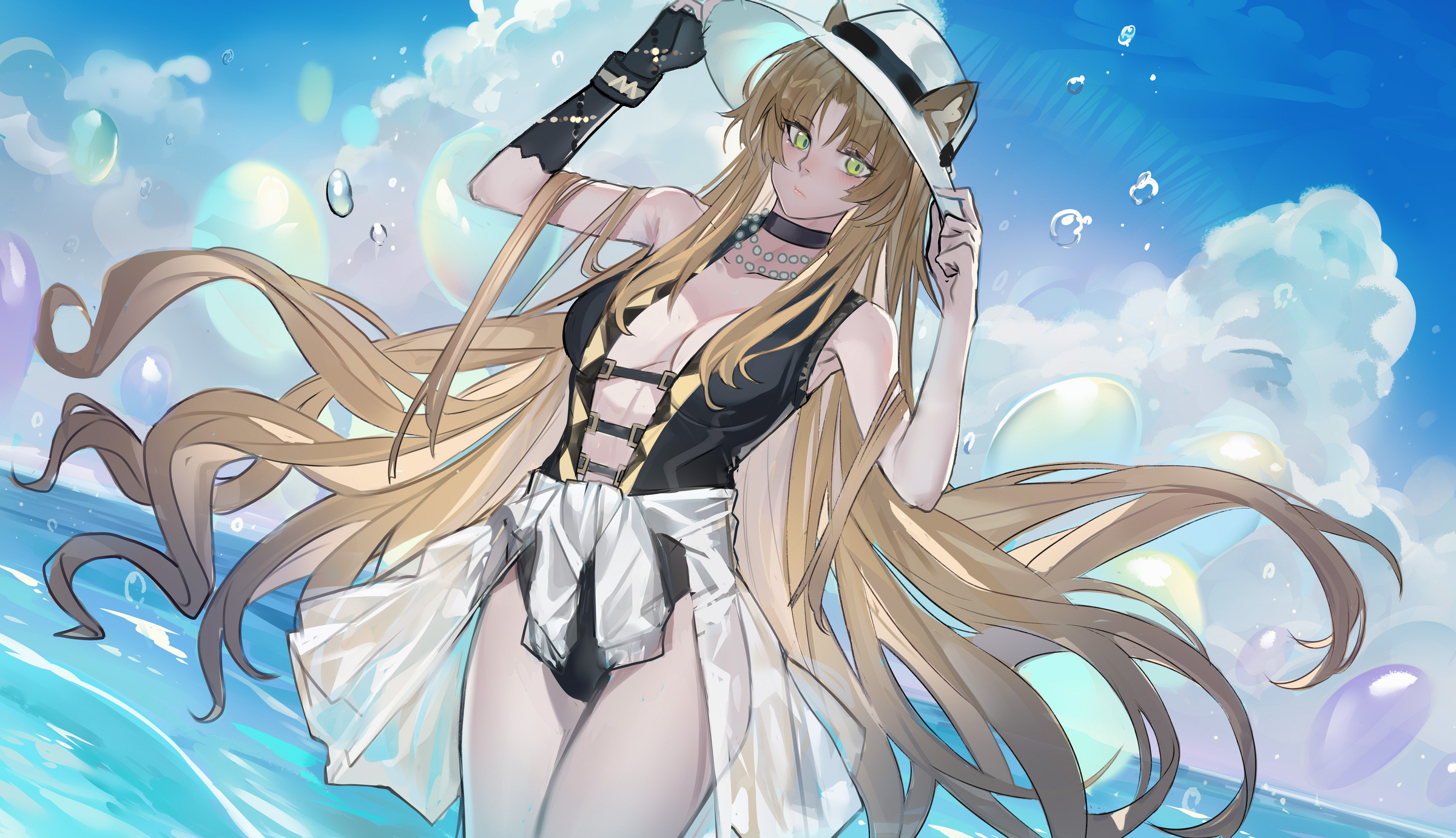 Anime 2400x1382 anime anime girls boobs green eyes long hair animal ears hat women with hats bodysuit blonde one-piece swimsuit Arknights Swire (Arknights) artwork ECHJ standing in water