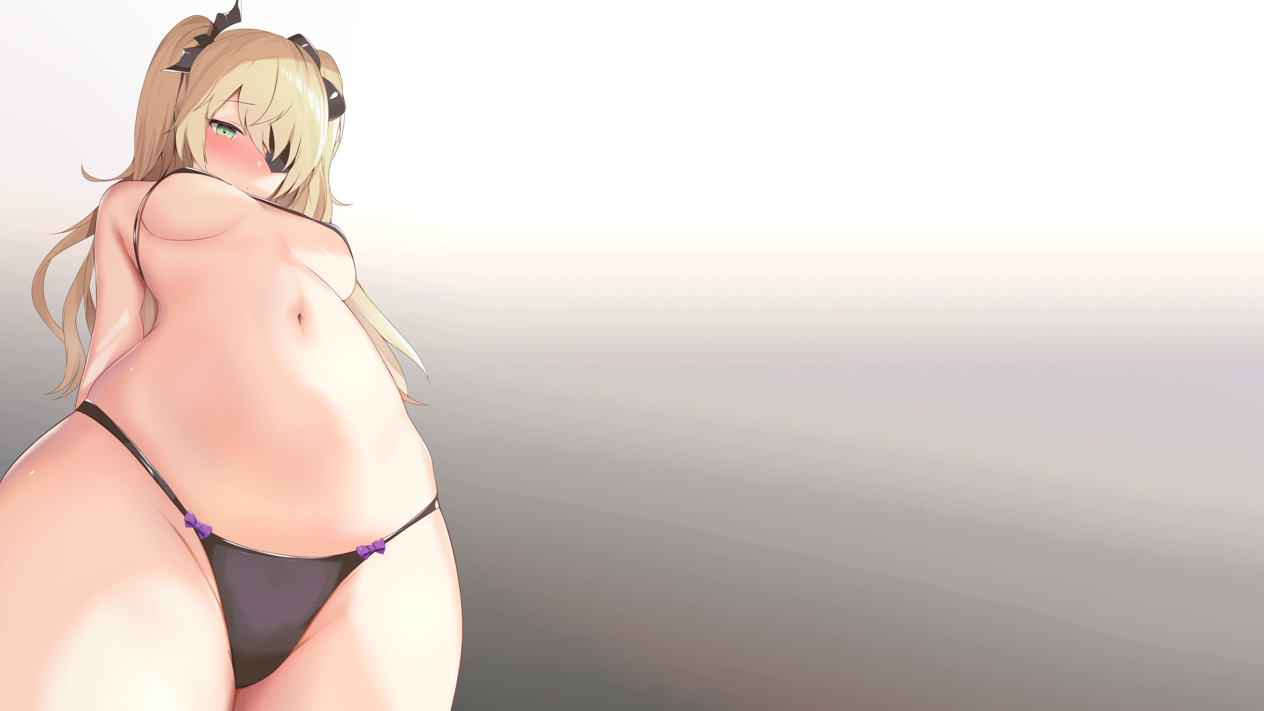 Anime 2560x1440 anime anime girls ecchi simple background belly thighs small boobs Genshin Impact Fischl (Genshin Impact) twintails blushing panties underwear black panties Houraku