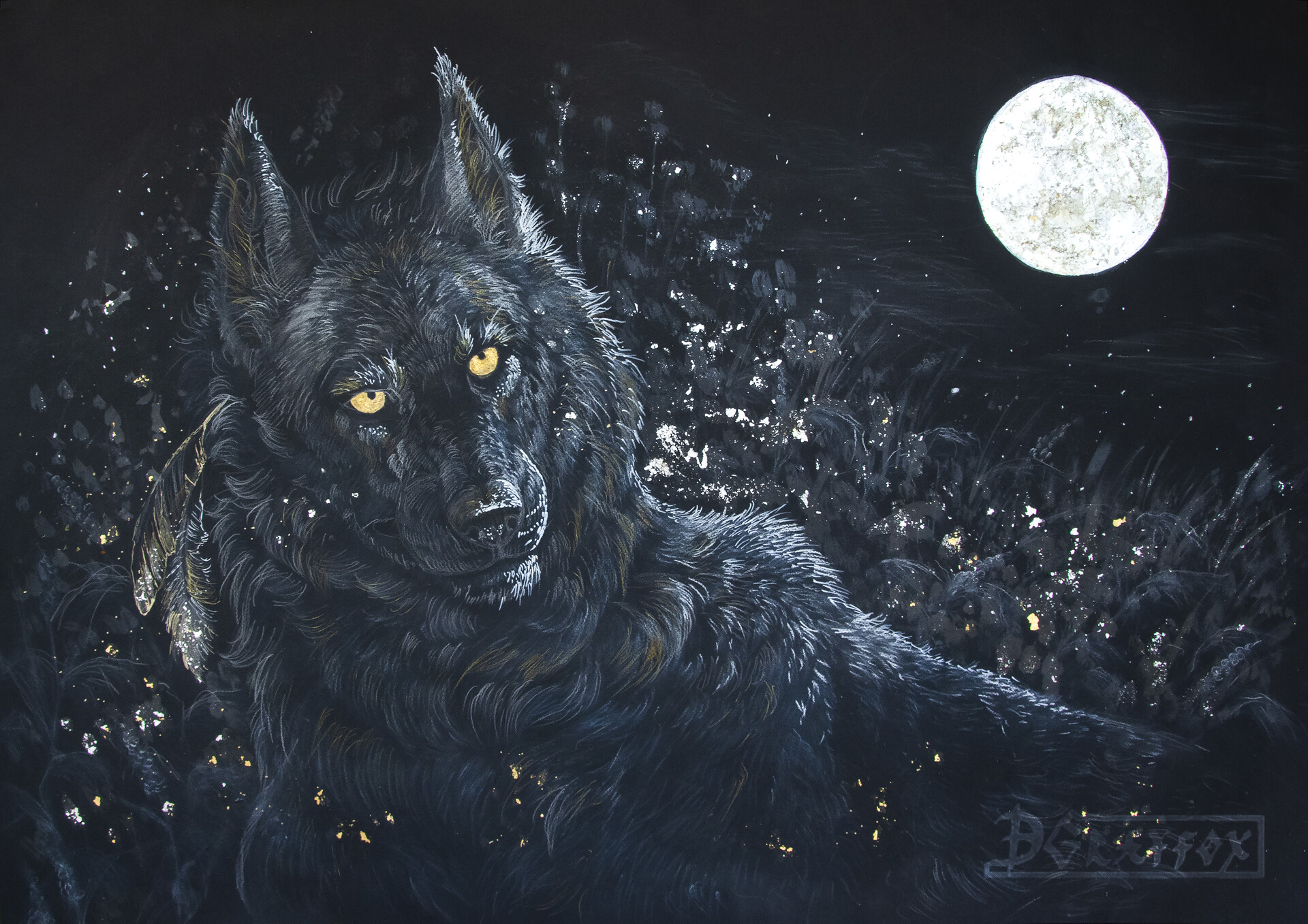 General 1920x1357 Grayfox Windmill fantasy art moonlight wolf dark feathers full moon digital art watermarked