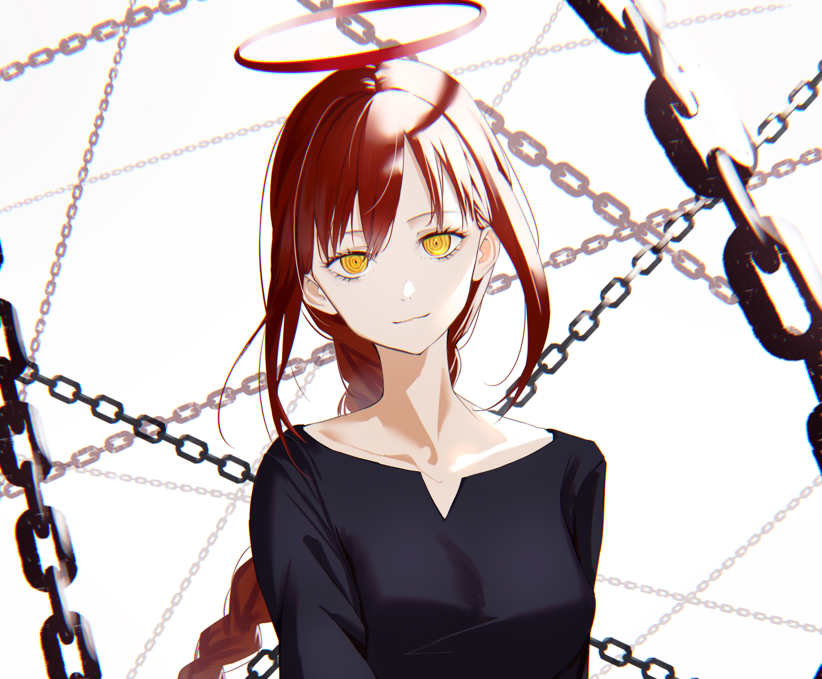 Anime 2869x2372 Chainsaw Man Makima (Chainsaw Man) anime chains yellow eyes redhead looking at viewer white background simple background long hair anime girls halo